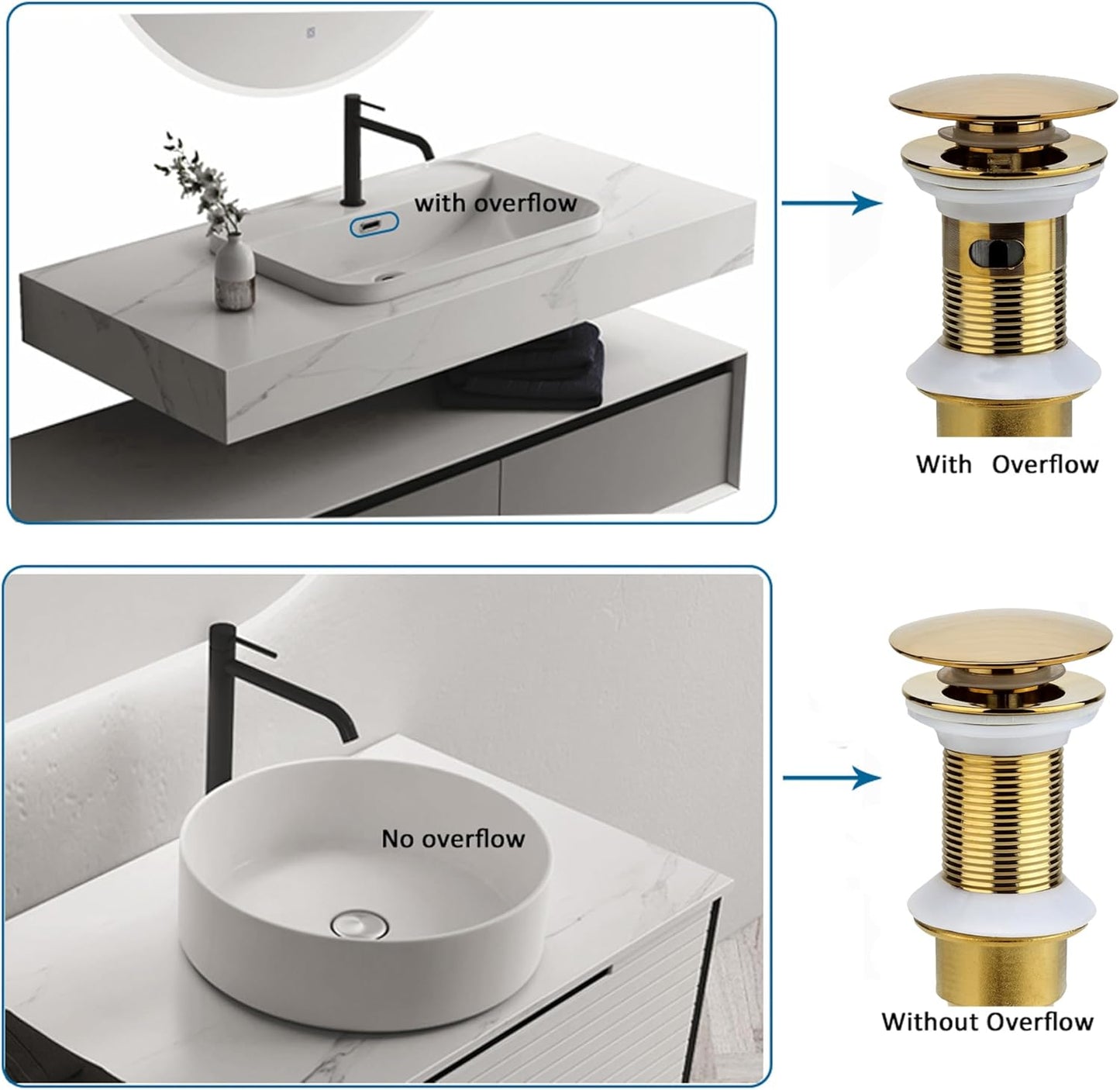 Bathroom Sink Drain, 2 Pack Gold Drain Stopper Bathroom Sink with Overflow, Pop Up Drain Assembly with Detachable Strainer Basket, Built-in Anti-Clogging Strainer,Stainless Steel