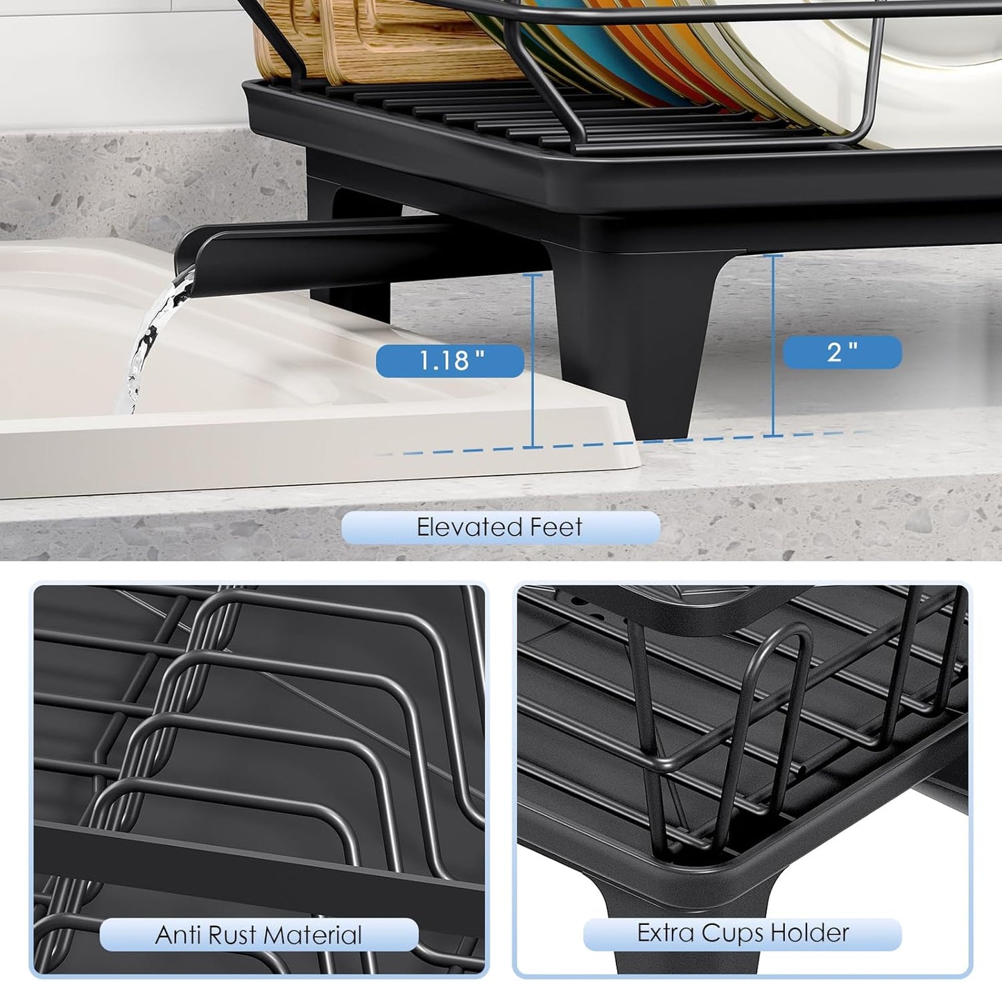 Dish Drainers for Kitchen Counter - Large Capacity Dish Drying Rack with Drainboard, Rustproof & Sturdy Design, Black Dish Rack Perfect for Plates, Cups & Kitchen Countertop Organization