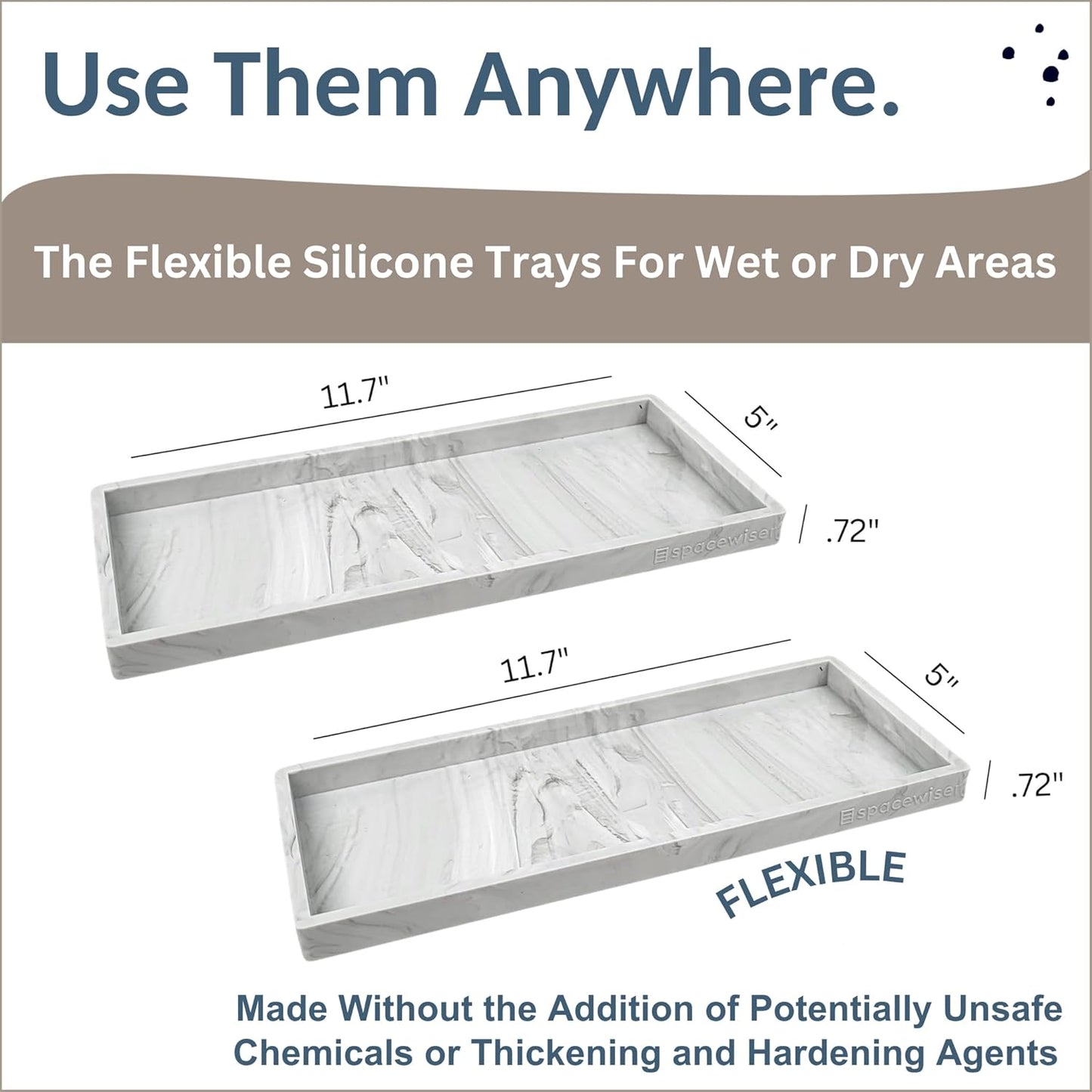 Countertop and Vanity Tray - 2 PC Large 11.7" Silicone Bathroom Trays, Counter Organizer, Dish Soap Sponge Holder Kitchen Sink Tray Organizer, Sink Caddy Toothbrush Key Kitchen Soap Trays