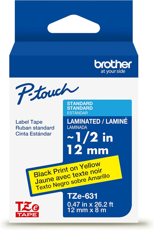 Brother Genuine P-Touch TZE-631 Tape, 1/2" (0.47") Standard Laminated P-Touch Tape, Black on Yellow, Laminated for Indoor or Outdoor Use, Water Resistant, 26.2 Feet (8M), Single-Pack