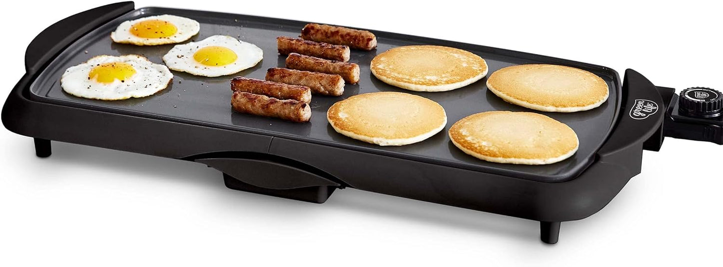 GreenLife 20” Extra Large Electric Griddle, Non-Toxic PFAS & PFOA-Free Ceramic Nonstick, Temperature Control, Quick Even Heating, Removable Drip Tray, Pancakes, Eggs, Sausage, Easy Clean, Black