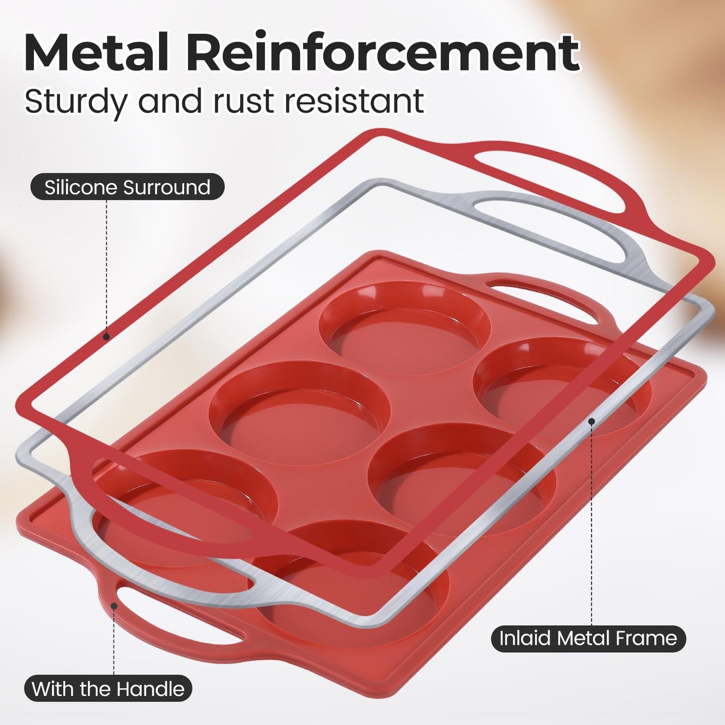 CAKETIME Silicone Muffin Top Pan with Metal Frame, 4 Inch Non Stick Round Egg Baking Pan for Oven English Muffins, Whoopie Pies, Corn Bread, Egg Bites, Breakfast Sandwiches Tarts 2 Pack Brown