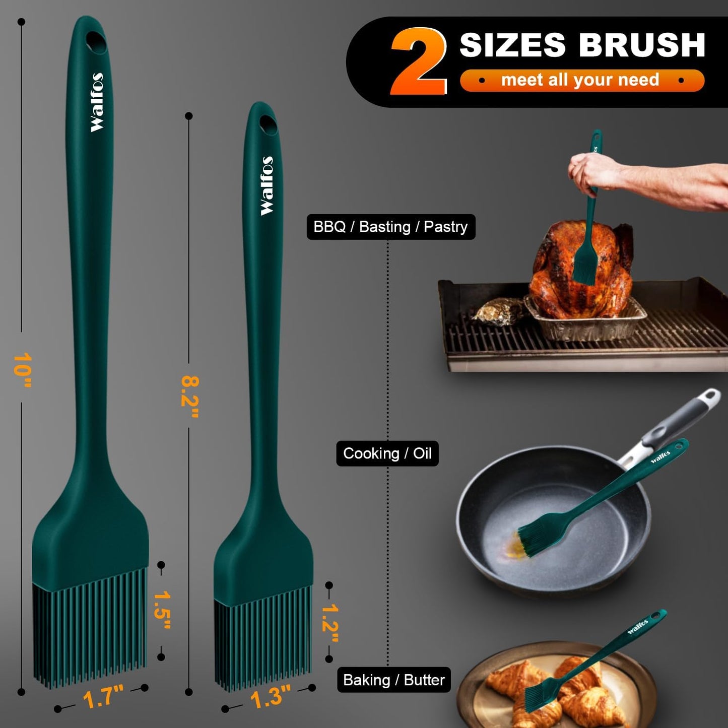 Walfos Silicone Basting Pastry Brush, 2 Size Pastry Brush Set, Perfect for BBQ Grill Kitchen Cooking, BPA Free and Dishwasher Safe, 2 Pcs (Ink Green)