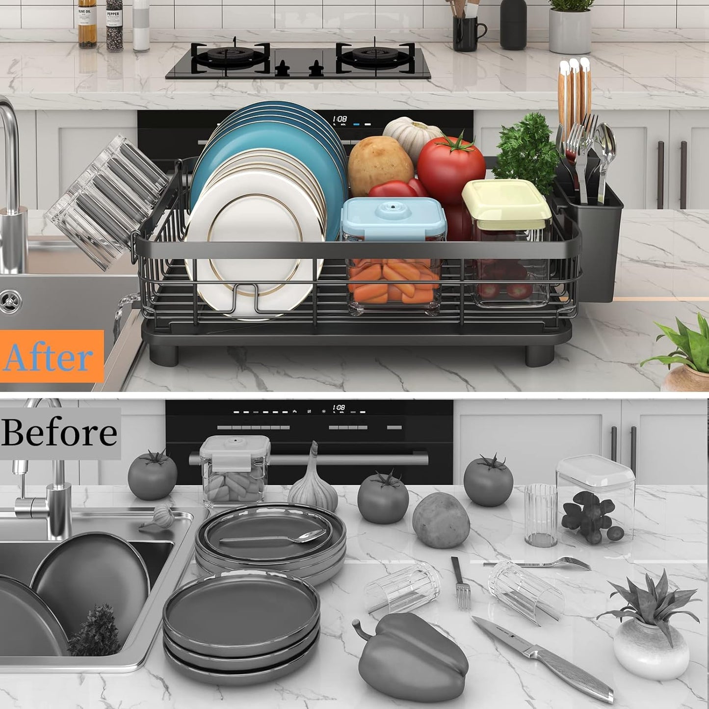 Godboat Dish Drying Rack, Dish Rack with Auto-Drain & Mat, Dish Drainers for Kitchen Counter, Glass Organizer for 4 Cups, 3 Slots Utensil Holder,Gifts for Women Mothers Day, Kitchen Gadgets & Decor