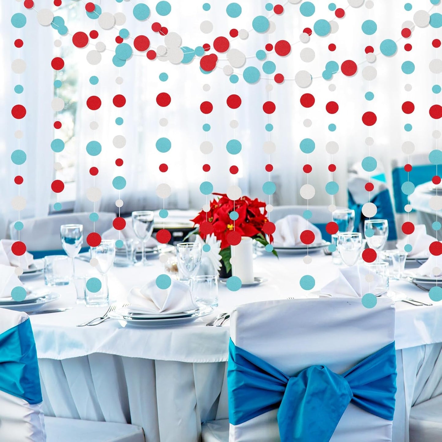 Outus 10 Pieces Colorful Dots Paper Garland Round Glitter Garland Hanging Confetti Streamers Backdrop Decoration for Birthday Classroom Candy Sprinkles Trunk or Treat Party (Light Blue,White,Red)