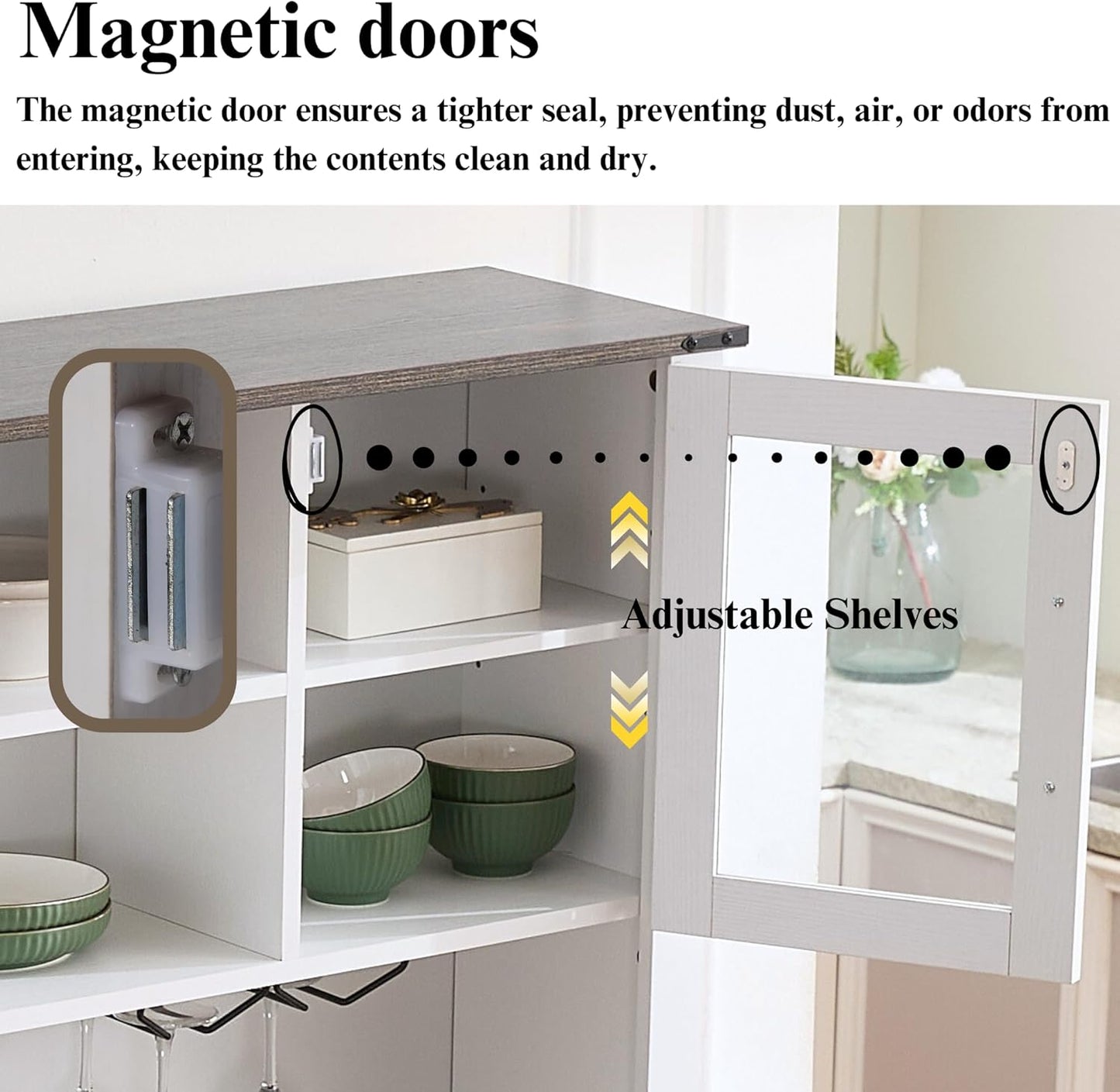 Coffee Bar Cabinet with Sliding Barn Doors 71'' Farmhouse Pantry Cabinet with Drawers & Wine Glass Rack Rustic Buffet Cabinet for Kitchen, White and Black