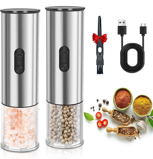 Electric Salt and Pepper Grinder Set, Rechargeable Salt and Pepper Shakers Refillable, Automatic Pepper Mill with Adjustable Coarseness, One Hand Operation with LED light, Stainless Steel
