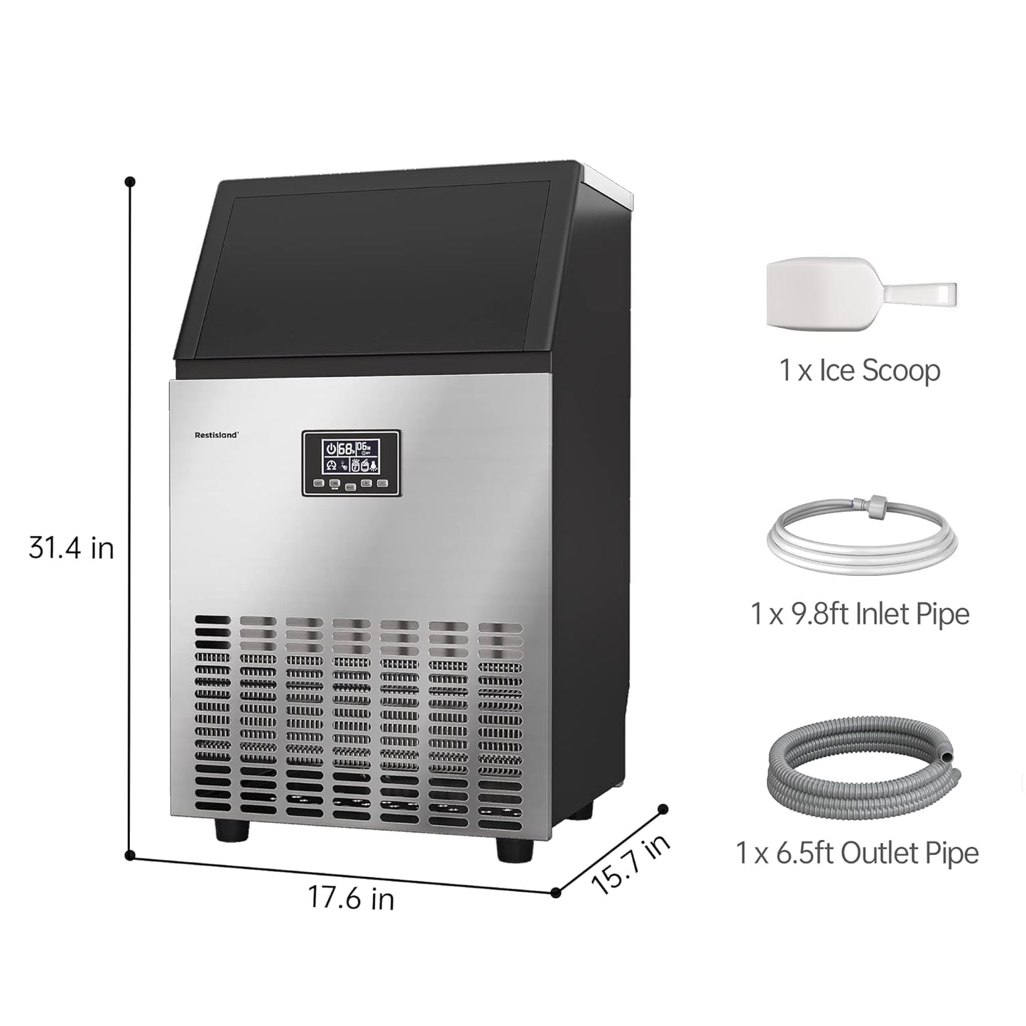 Commercial Ice Maker Machine, 100 lbs /24 h, 33 lbs Storage Bin, Stainless Steel, Compact, Embedded, Self-Cleaning, Perfect for Home/Office/Shop/Cafe, Includes Ice Scoop, Connection Hose