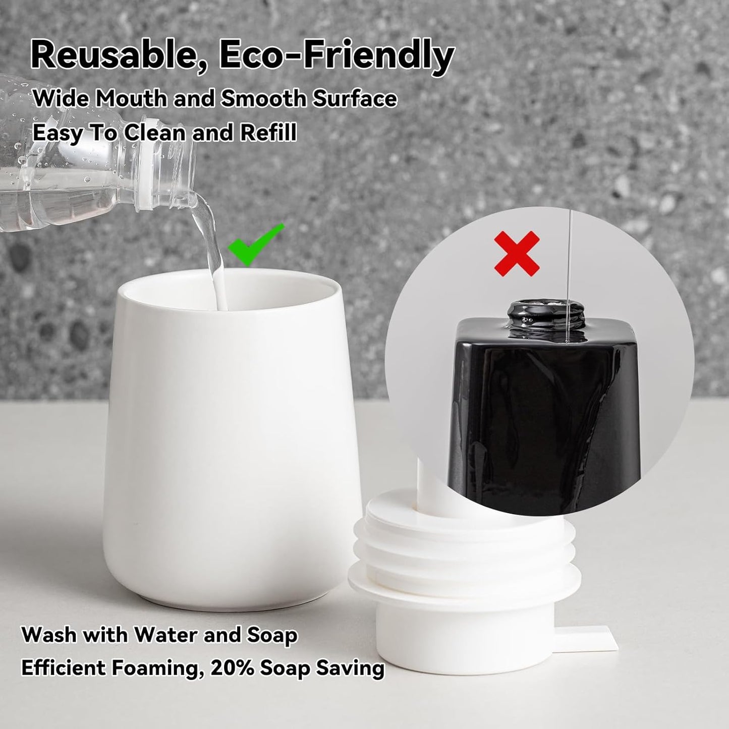 Foaming Soap Dispenser - 12 Oz White Ceramic Foam Hand Soap Dispenser for Bathroom, Face Wash Dispenser Bottle with Matte Silver Foaming Pump, Refillable Lotion Dish Dispenser for Kitchen