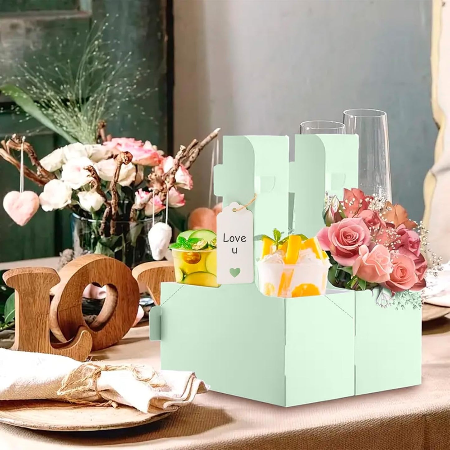 10 Pack 2 Cup Disposable Drink Carrier with Handle Paperboard Coffee Cup Holder Portable for Hot Cold Drinks Food Delivery Services with Heart Card for Teacher Appreciation Week Mother's Day