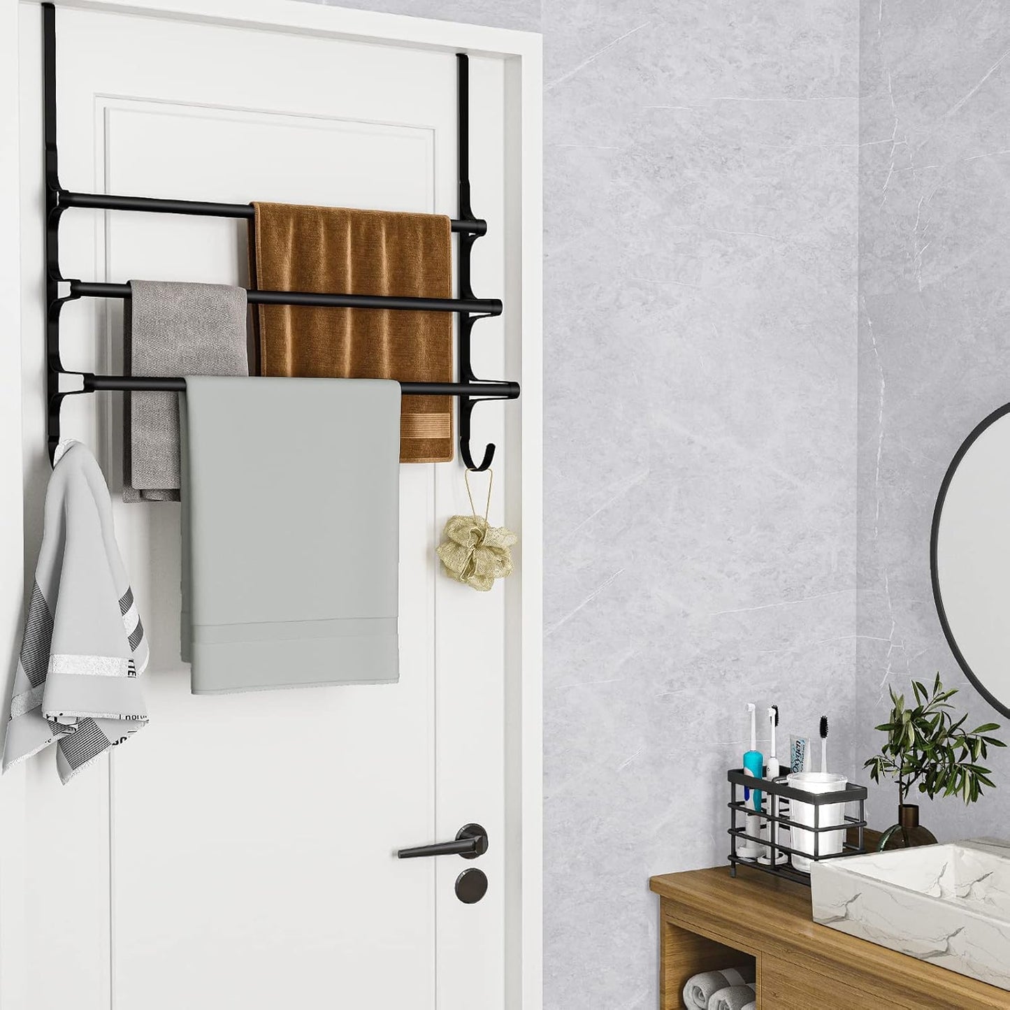 Over The Door Towel Rack, Over Door Towel Rack for Bathroom Door, Triple Towel Storage Holder with Hooks (Matte Black, 20.15" L)