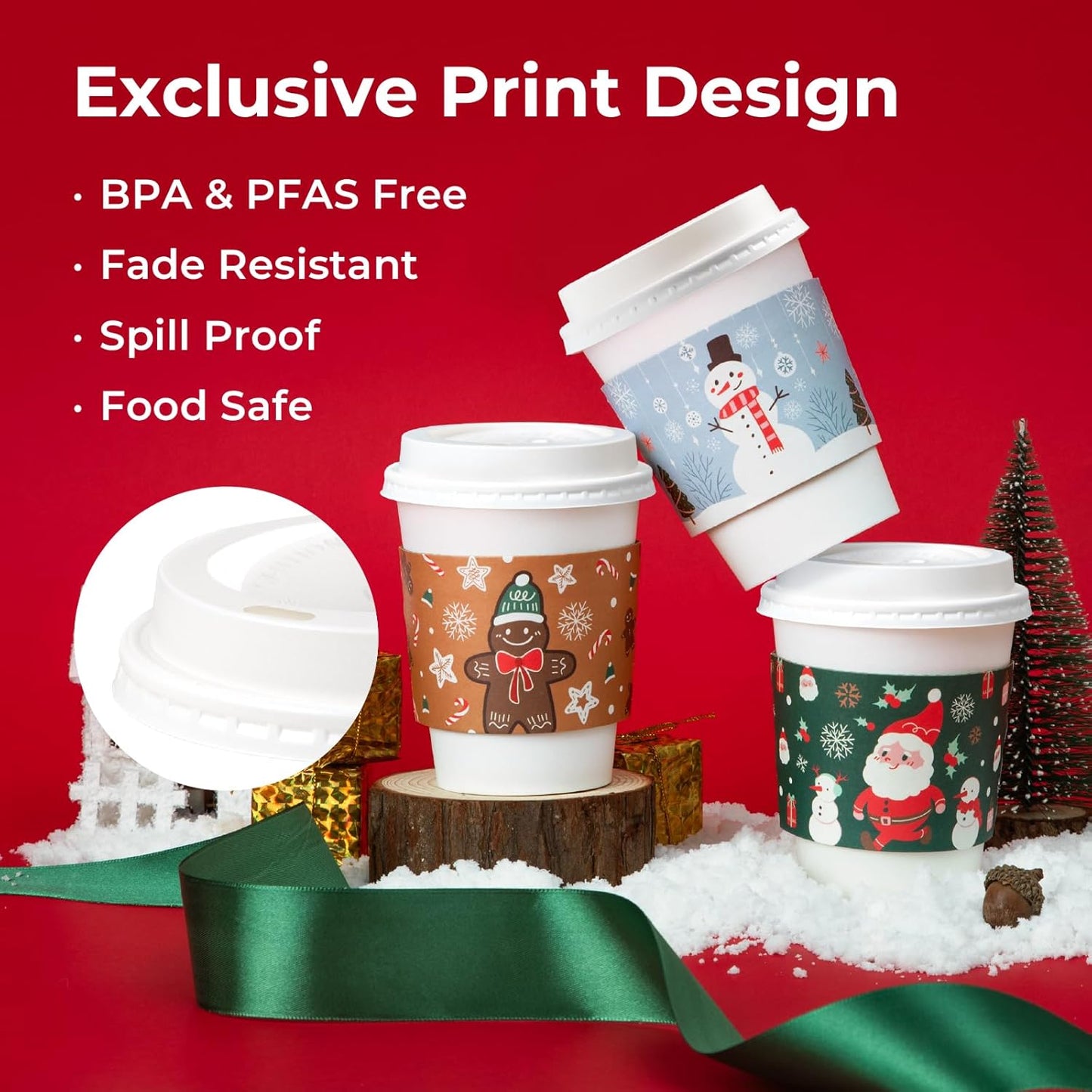 Fit Meal Prep 50 Pack 16 oz Christmas Disposable Coffee Cups with Lids, Sleeves, Leak-Proof To Go Coffee Cups with Lids, Durable Holiday Hot Paper Cups for Home, Office, Party, Business