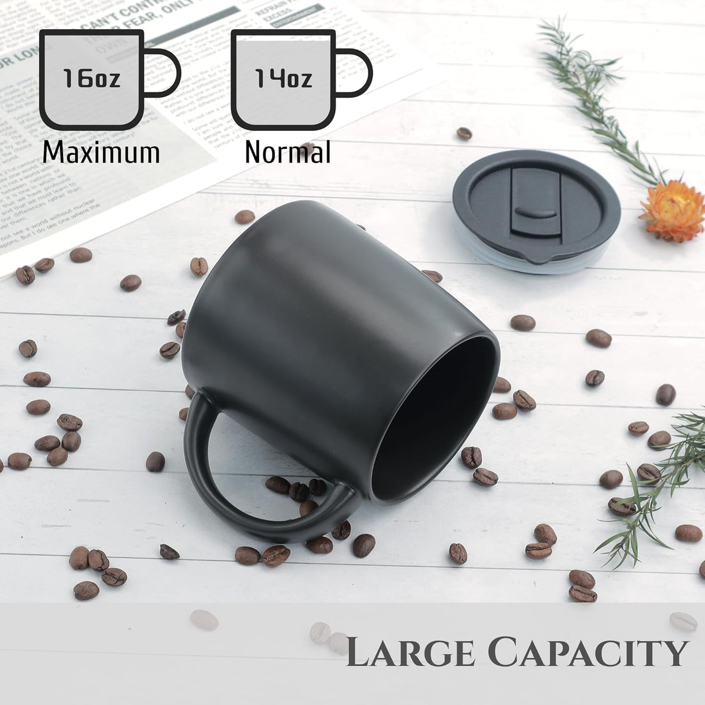 Classic Mug, 14 oz Large Coffee Mug with Handle, Ceramic Porcelain Tea Cup, Smooth Matte (Sliding Lid, Set of 2, White and Black)