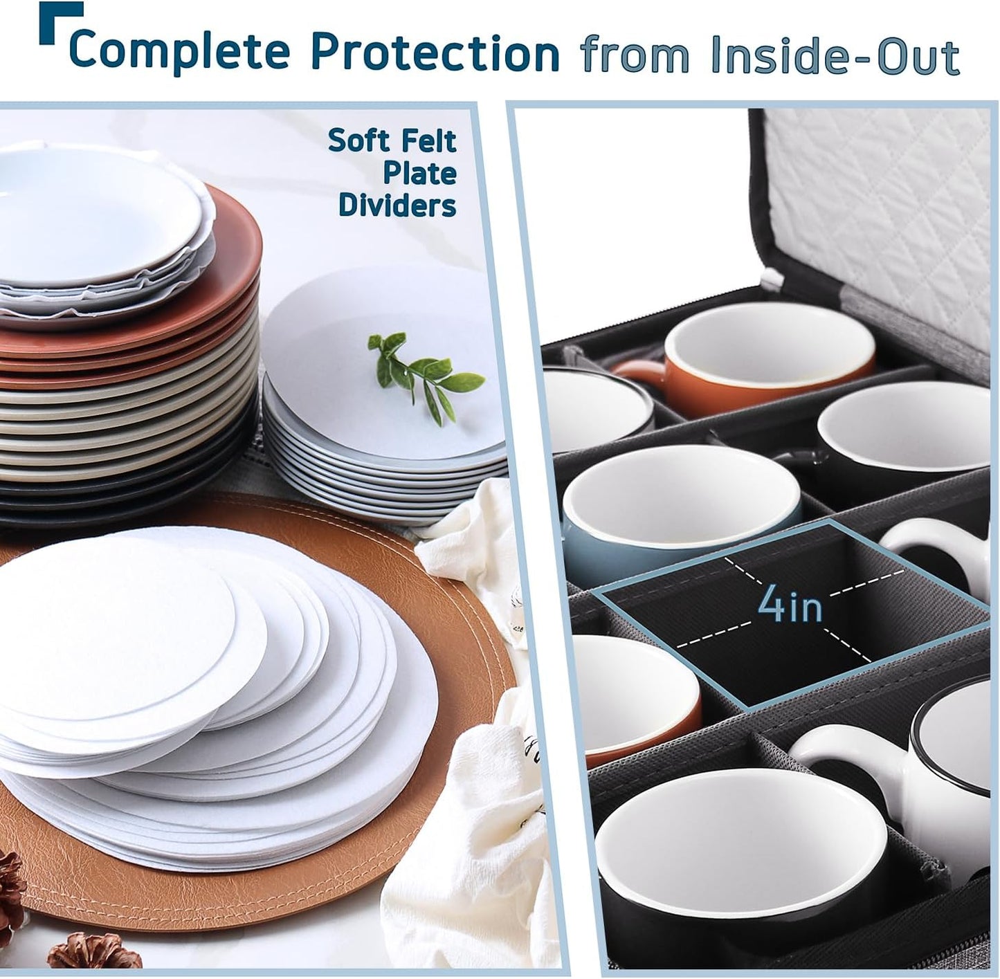 Fine China Hard Shell Dish Organizer - 5 Piece Stackable Mug and Plate Storage Containers with Dividers for Moving and Seasonal Storage, Grey