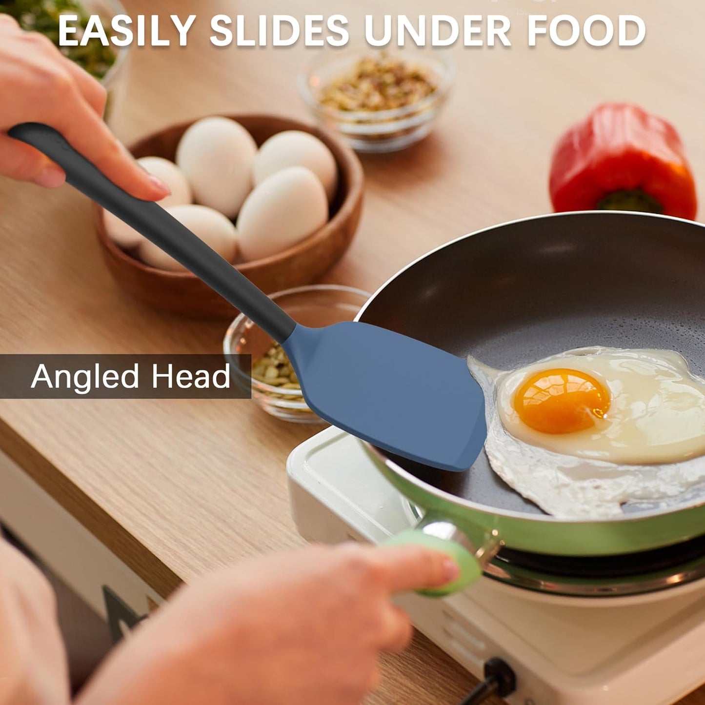 Coukre 2 Pack Silicone Spatula Set, High Heat Resistant, BPA Free Kitchen Spatula, Solid & Slotted Turner for Non-Stick Pans, Sautéing, and Flipping (2, DarkBlue)