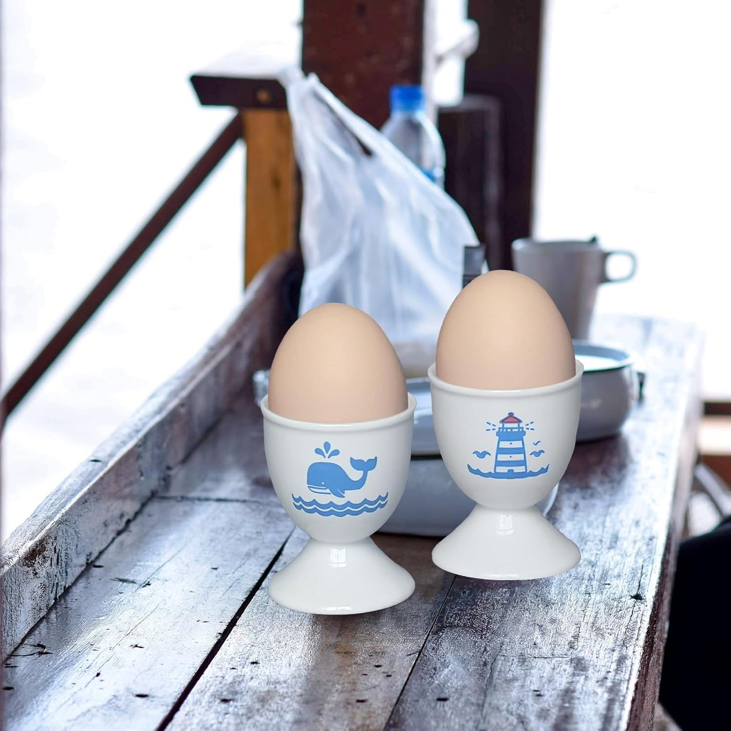 Cinf Ceramic Egg Cup Set of 2 Porcelain Holder Breakfast Boiled Cooking Easy to Clean Childhood Memories Kitchen(Lighthouse Whale)