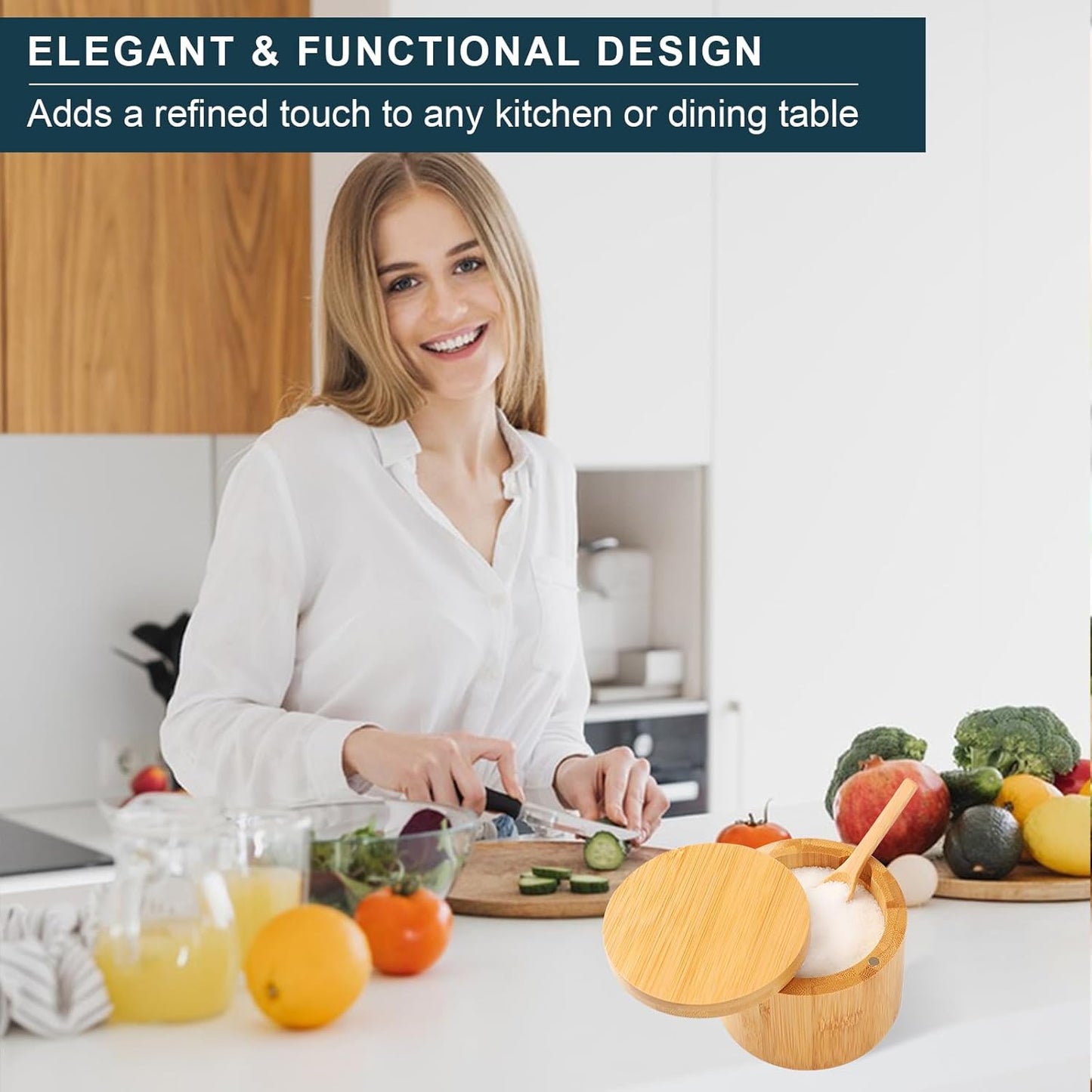 Bamboo Salt Cellar, 2 PCS Salt Container with Built-in Spoon, Salt Box Bowl with Magnetic Swivel Lid, Elegant Kitchen Salt Holder Saver Jar to Storage Pepper Spice Sea Salt for Countertop