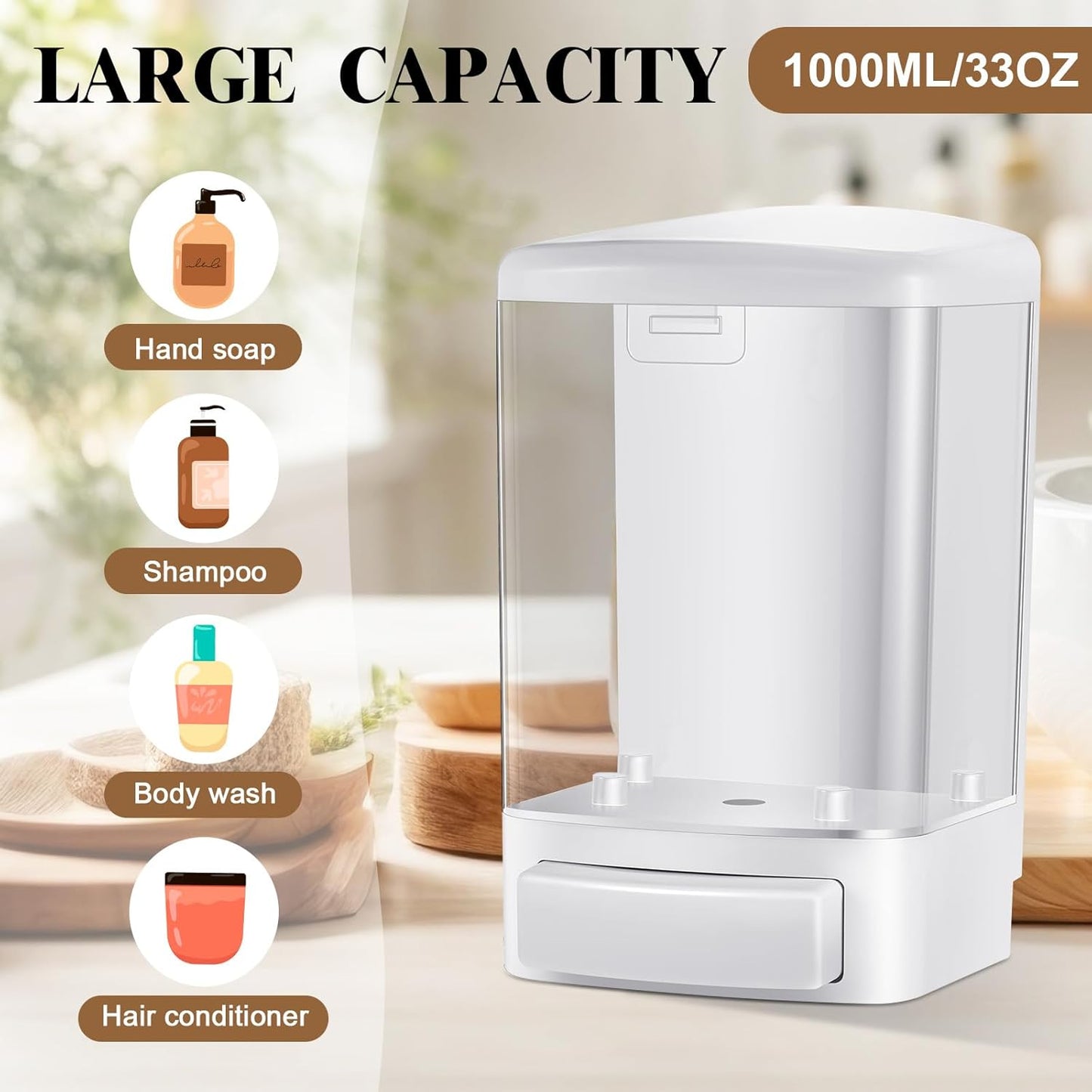 Hushee 4 Pcs Plastic Wall Mounted Soap Dispenser Commercial Manual Soap Containers Wall Dispenser for Kitchen Shower Hotel Liquid Shampoo Gel Chamber(33.8 oz 1000 ml,White)