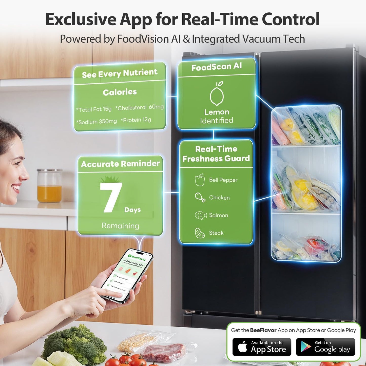 Automatic Food Vacuum Sealer Machine | Beelicious Pro 80KPa 8-In-1 Food Vacuum Saver with Starter Kits | 15 Bags, Pulse Function, Moist&Dry Mode and External VAC for Containers, Stainless Steel