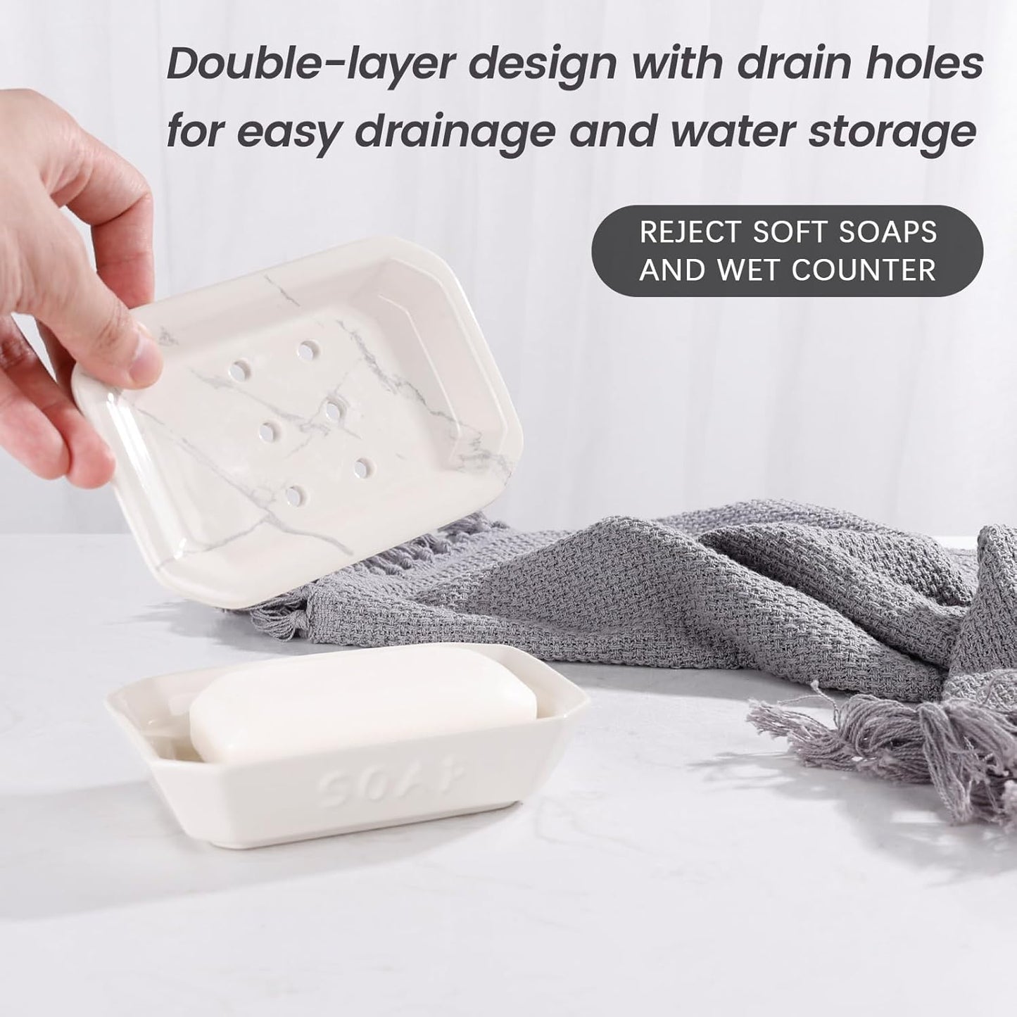 Soap Dish, Ceramic Self-draining Soap Holder, Double Layer Bar Soap Holder with Drain, Soap Dishes for Bathroom Shower Kitchen, Easy to Clean Keep Soap Dry, Off-white with Marble Pattern, ANTIS'S HOME
