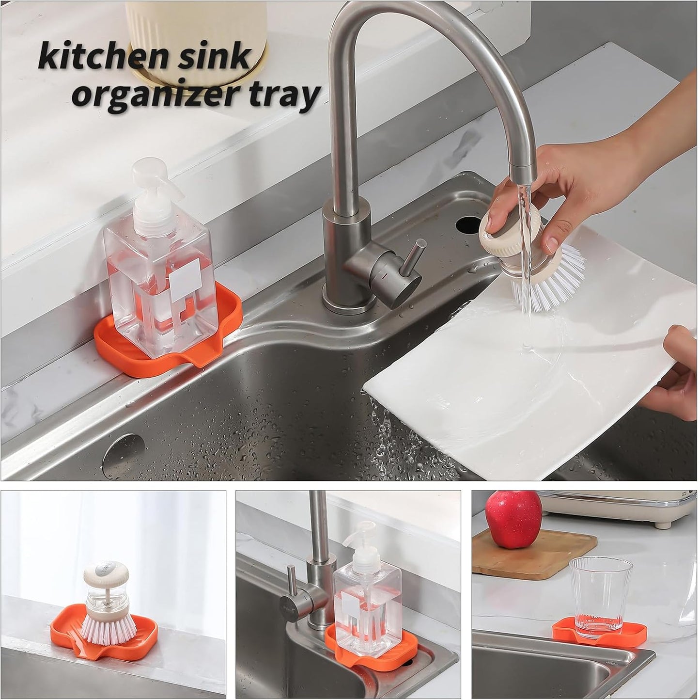 Silicone Bathroom Soap Dishes with Drain Spout-Bathroom and Kitchen Sink Organizer,Sponge Holder,Dish Soap Tray,Perfect for Dispenser,Scrubber,Bottle,Cup on Sink or Counter-Orange 4.9"×3.2"