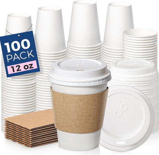 Fit Meal Prep 100 Pack 12 oz Disposable Coffee Cups with Lids, Sleeves, Leak-Proof To Go Coffee Cups with Lids, Durable Hot Paper Cups for Home, Office, Party, Business