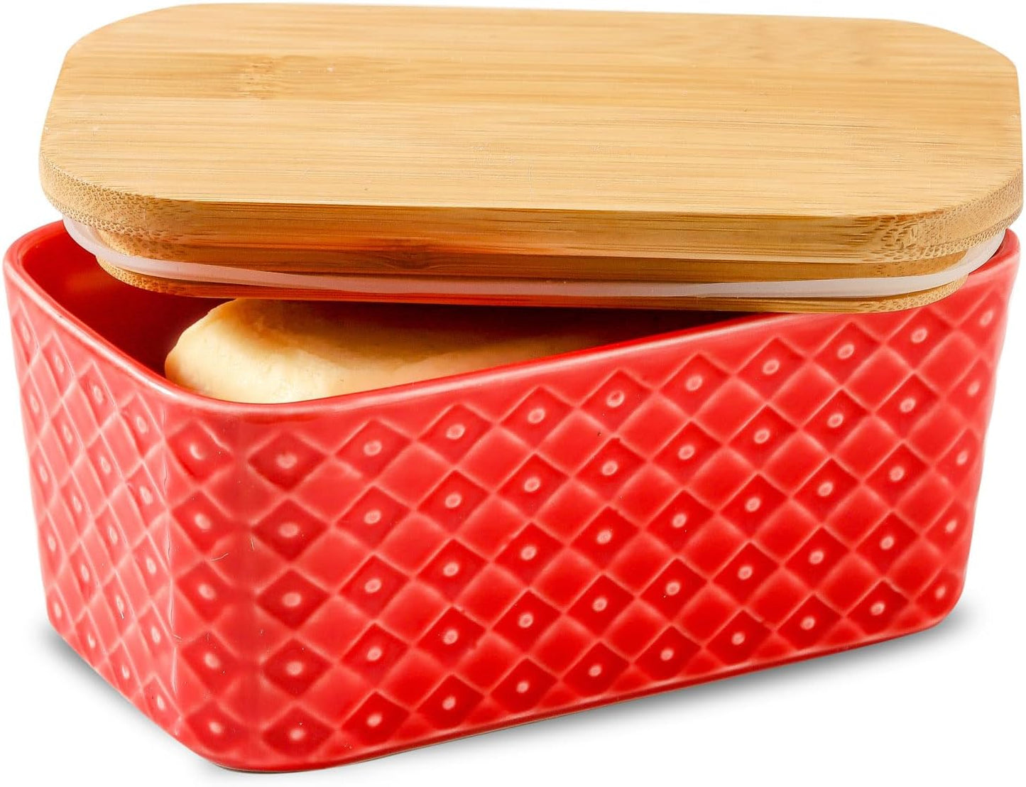 Ceramic Butter Dish with Lid,Large Butter Container with Airtight Cover for Countertop or Refrigerator,Farmhouse Kitchen Butter Holder for New Year Gift,Dishwasher Safe,Red Embossed Pattern