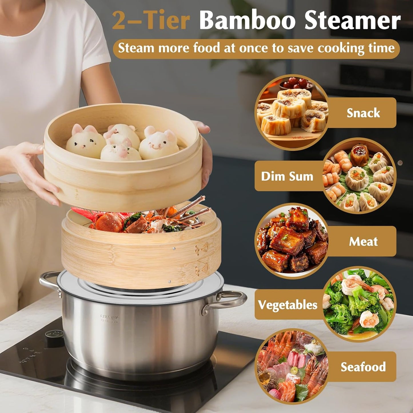 Bamboo Steamer 2 Tier 10-Inch Steaming Basket, Bun Vegetable Steam, Dumpling Steamer Bamboo Steam Basket, Chopsticks, Reusable Silicone Liner, Ring Adapter, for Chinese Asian Cuisine