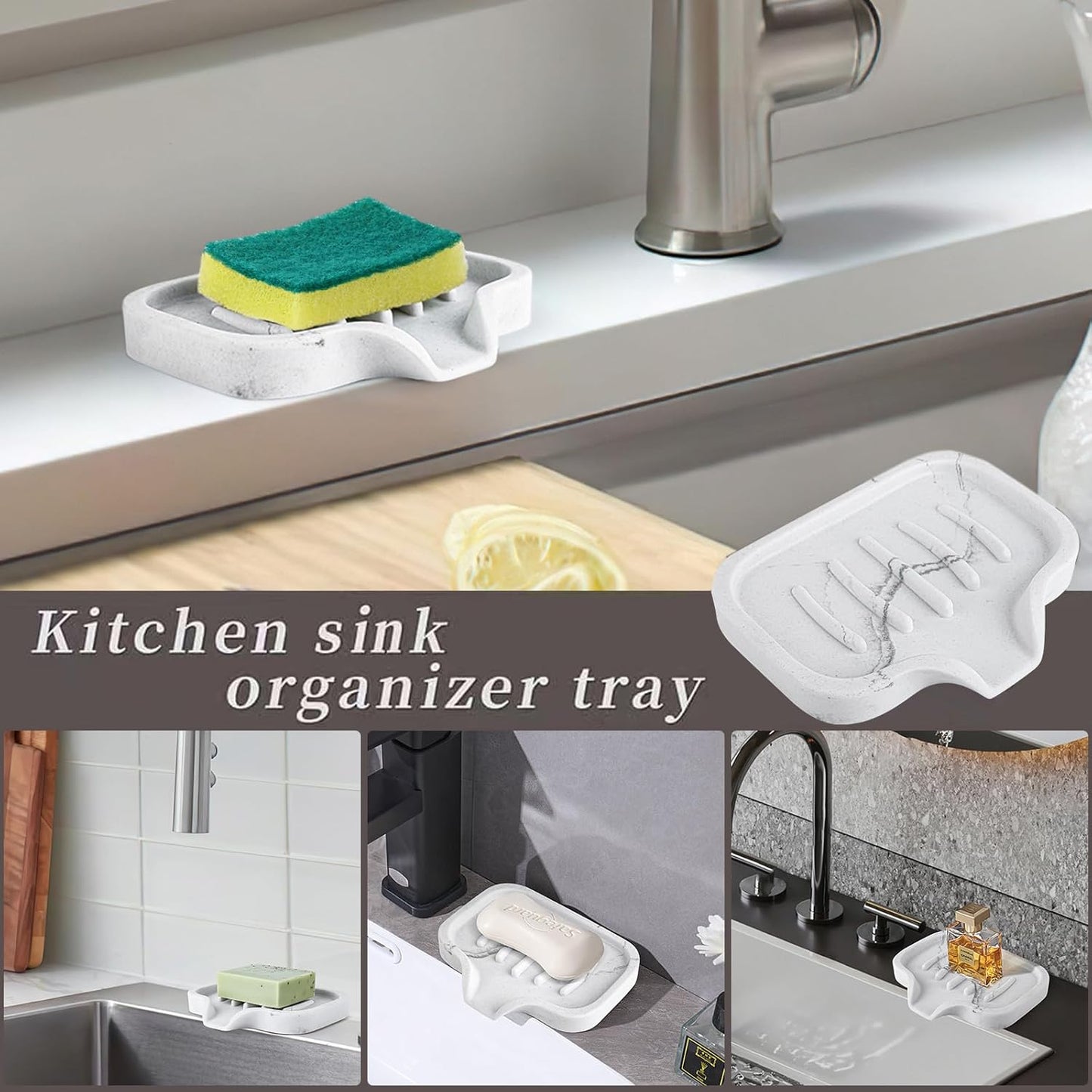 Self Draining Soap Dish- Bar Soap Holder for Shower, Marble Design Large Soap Savers Soap Tray Sponge Holder for Kitchen Bathroom Bathtub Sink, White