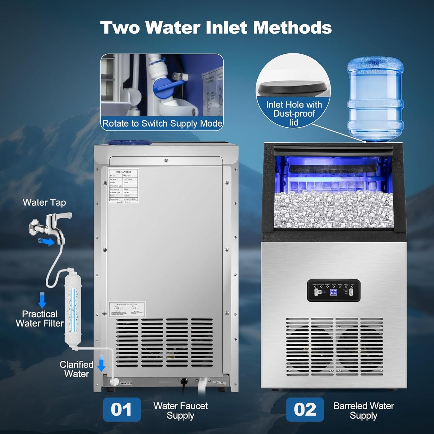 Commercial Ice Maker Machine 100Lbs/24H with 2 Water Inlet Modes, 36Pcs Ice Cubes in 8-15 Mins, Stainless Steel Under Counter/Freestanding Ice Machine with 24Lbs Storage Bin for Home/Shop/Office/Bar