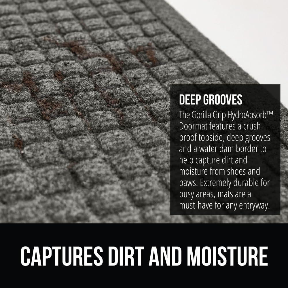 GORILLA GRIP Front Door Mat, 35x23, Indoor Outdoor Ultra Absorbent HydroAbsorb Doormat, Absorbs Up to 5.7 Cups of Water, Stain and Fade Resistant, Rubber Backing Doormats, Captures Dirt, Gray