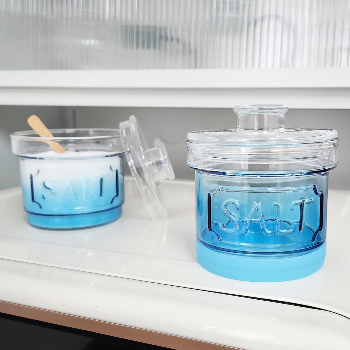 Glass Salt Cellar with Lid Salt Container with Spoon for Countertop Embossed Pattern Salt Box for Storing Sea Salt Flaky Salt Spice 12oz Capacity Holder,Gradient Blue