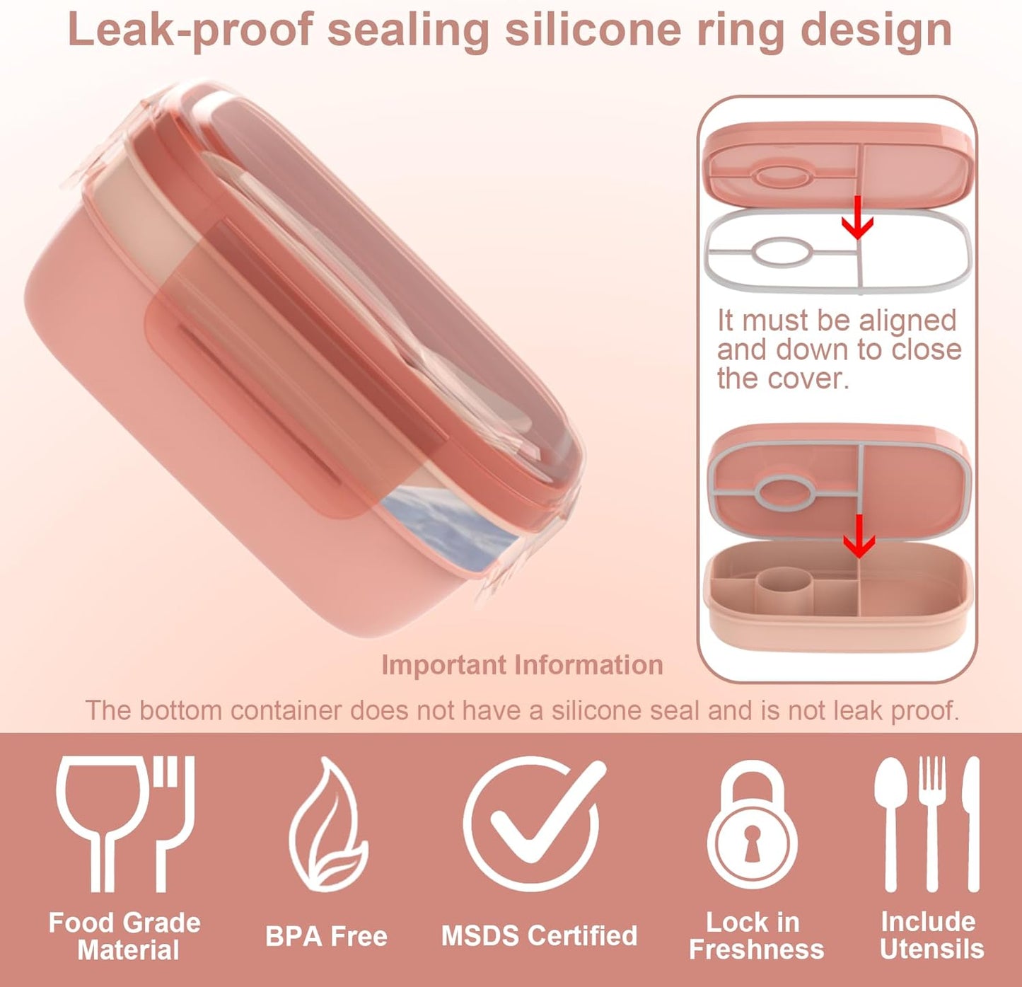 JBGOYON® Bento Lunch Box Set - 3 Stackable Containers for Adults and Kids，lunch box for women- Includes Lunch Bag, Leak-Proof and BPA-Free - Built-in Utensil Set - Dishwasher Safe (Pink)