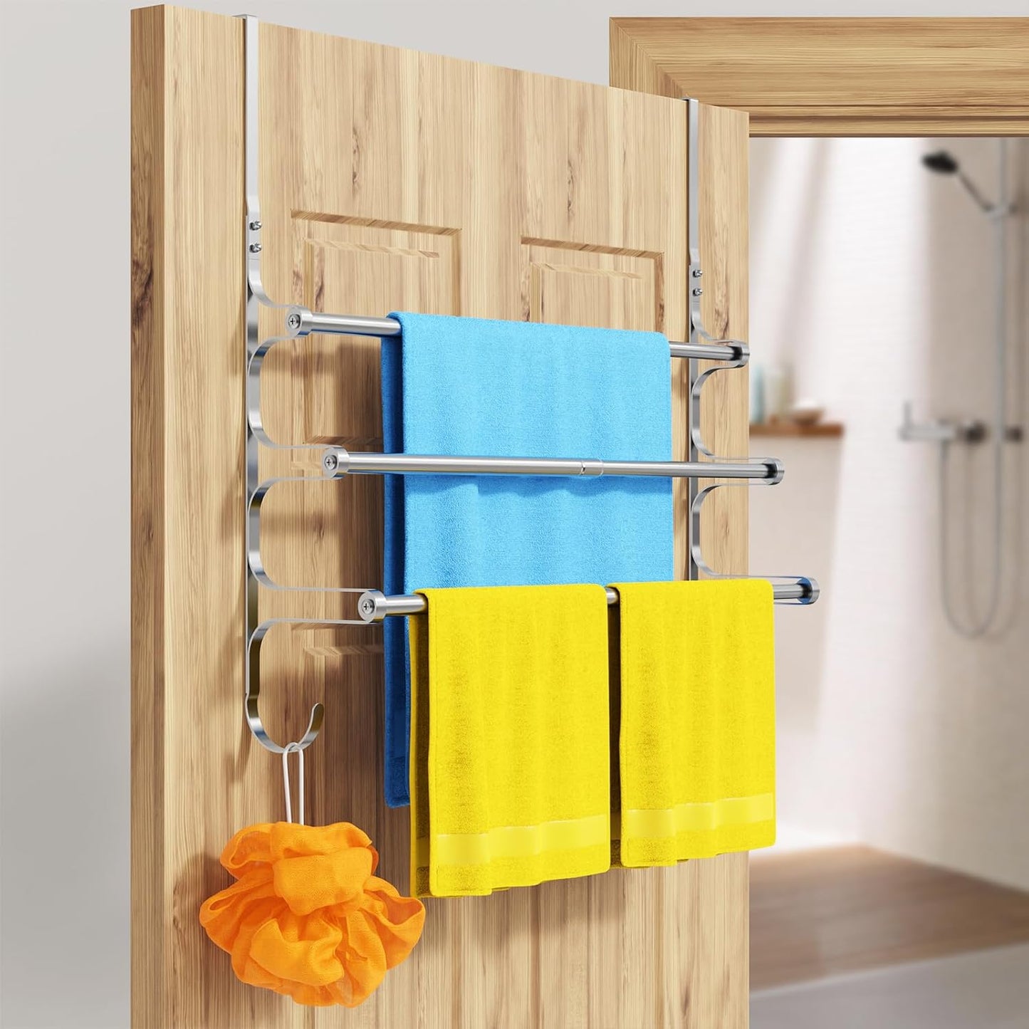 Over The Door Towel Rack, Over Door Towel Rack for Bathroom Door, Triple Towel Storage Holder with Hooks (Silver Gray, 17.32" L)