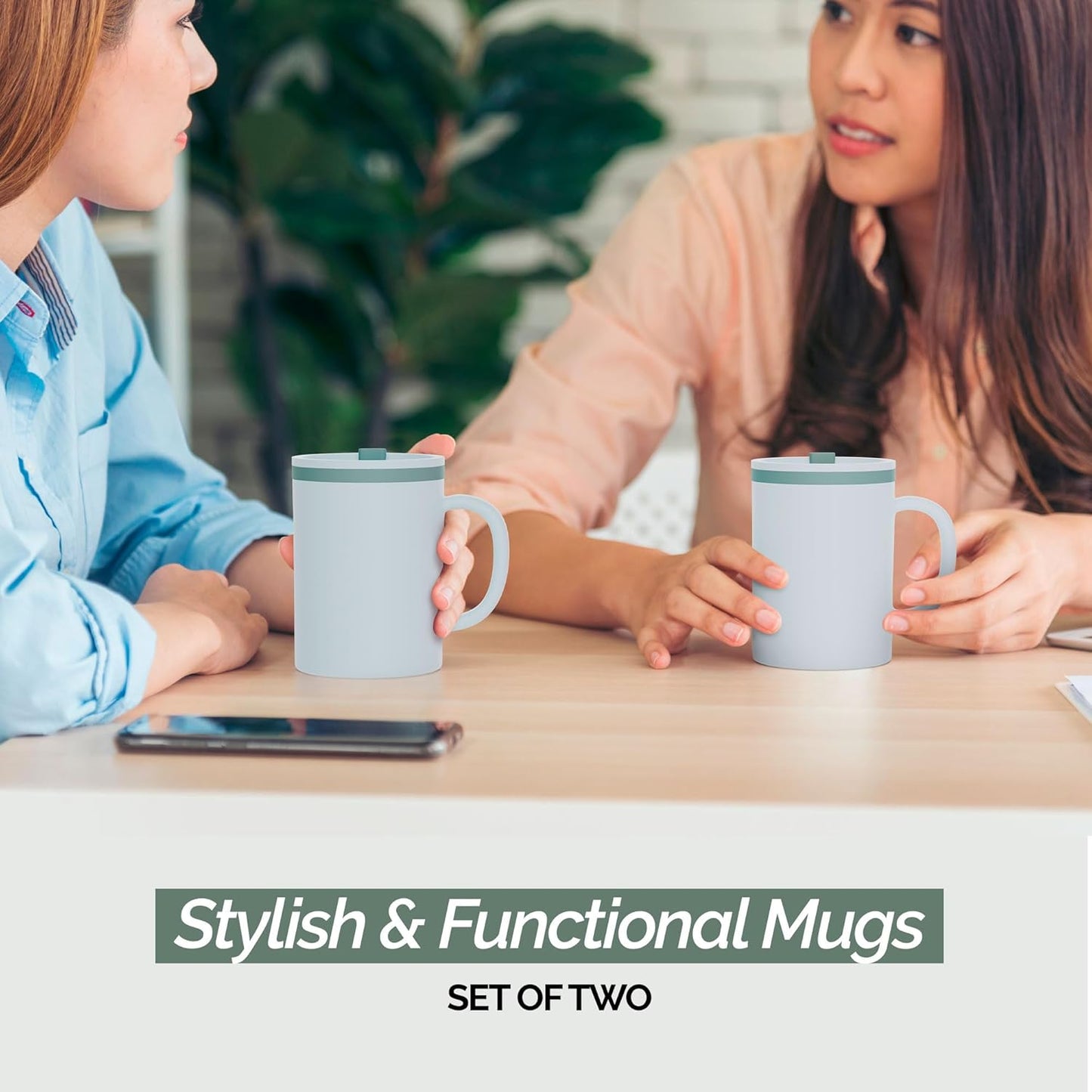 Copco Iconic 16oz Double Wall Insulated Desk Mug with Lid & Handle, Set of 2, BPA-Free Reusable Plastic, Spill-Proof, Microwave & Dishwasher Safe, Wide Mouth, Cup Holder Friendly (Grey)