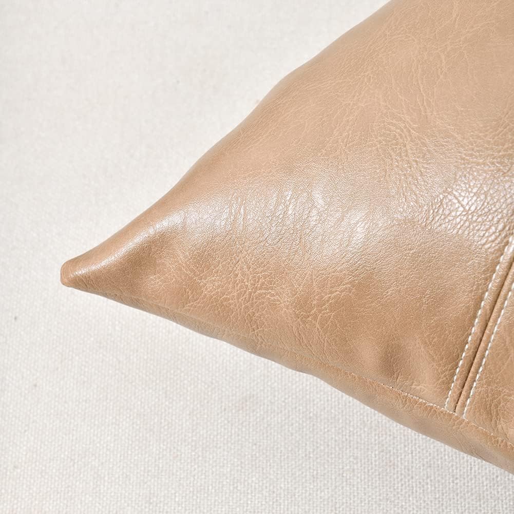 Fancy Homi Tan Decorative Throw Pillow Covers 20x20 Inch for Living Room Couch Bed, Modern Farmhouse Boho Home Decor, Waterproof Faux Leather Hand Stitched Beige Square Cushion Case 50x50 cm