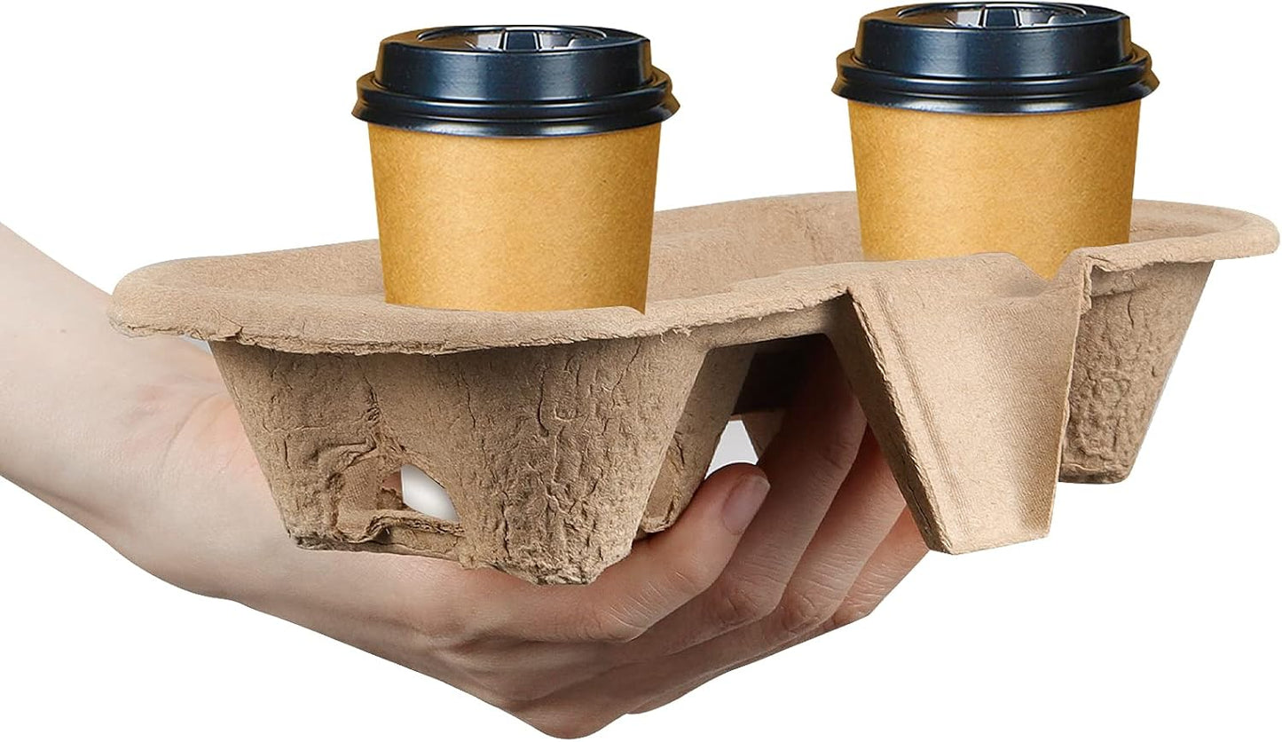 HAKZEON 100 Pack Fiber 2 Cup Holders, To Go Coffee Cup Holder, 2 Cups Pulp Fiber Drink Carrier, Drink Carrier Trays for Coffee Shops, Grocery Stores, Takeaway Restaurants, Drink Shops