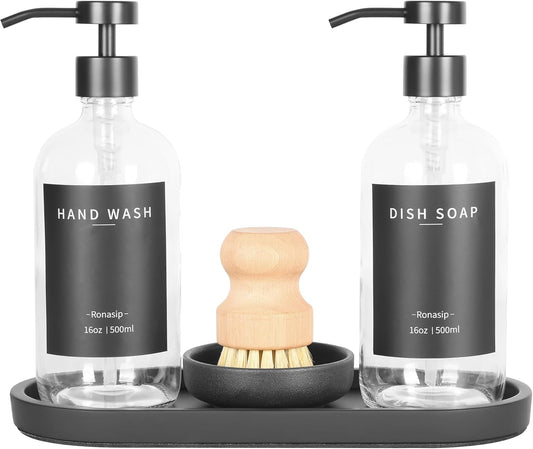 Set of 5 Kitchen Soap Dispenser Set 16 Oz Glass Hand Dish Soap Dispenser with Stainless Steel Pump, Cement Tray, Dish Scrub Brush for Farmhouse Rustic Home Bathroom Decor (Transparency)