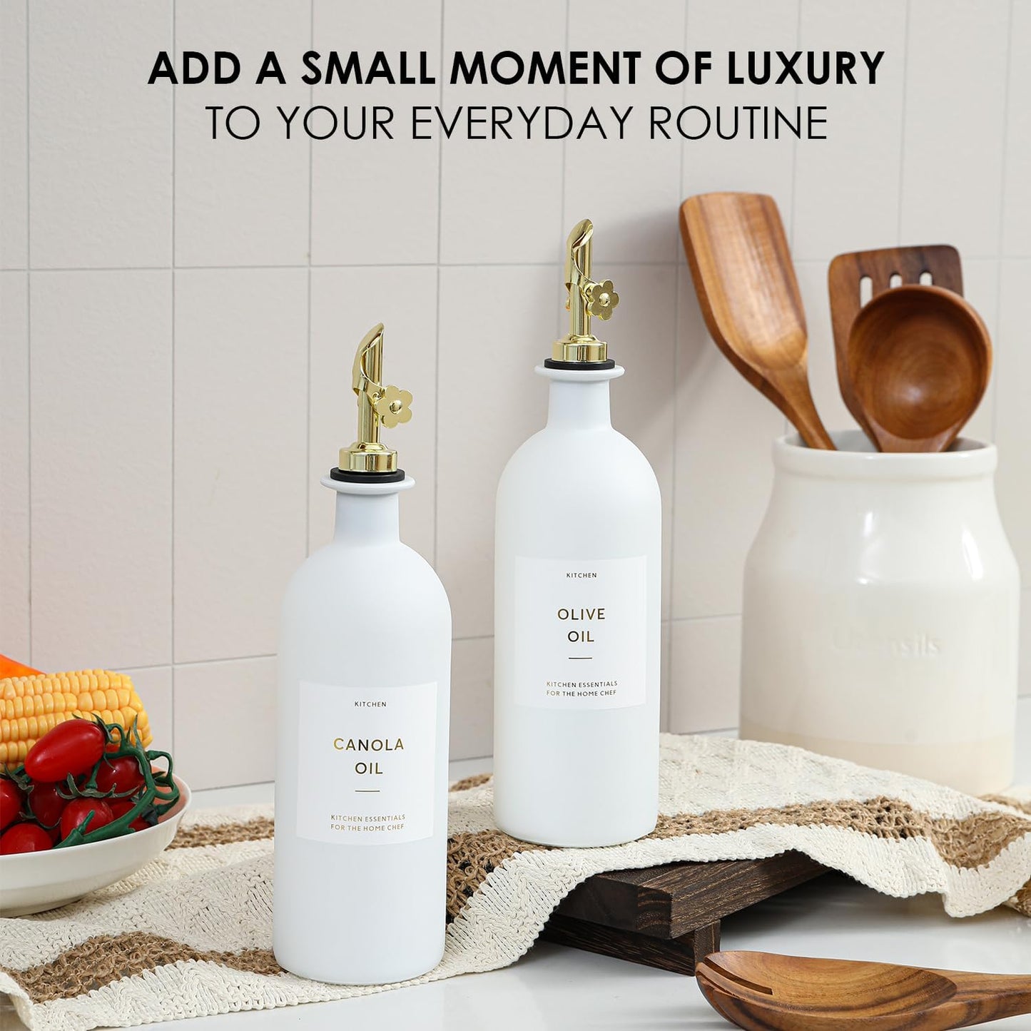 HOMCDALY Olive Oil Dispenser for Kitchen, 16oz Glass Oil Bottles with Bamboo Tray, Gold Oil&Vinegar Cruet Set, Kitchen Dispenser Bottles with Pourer | Set of 2 (16oz – Gold)