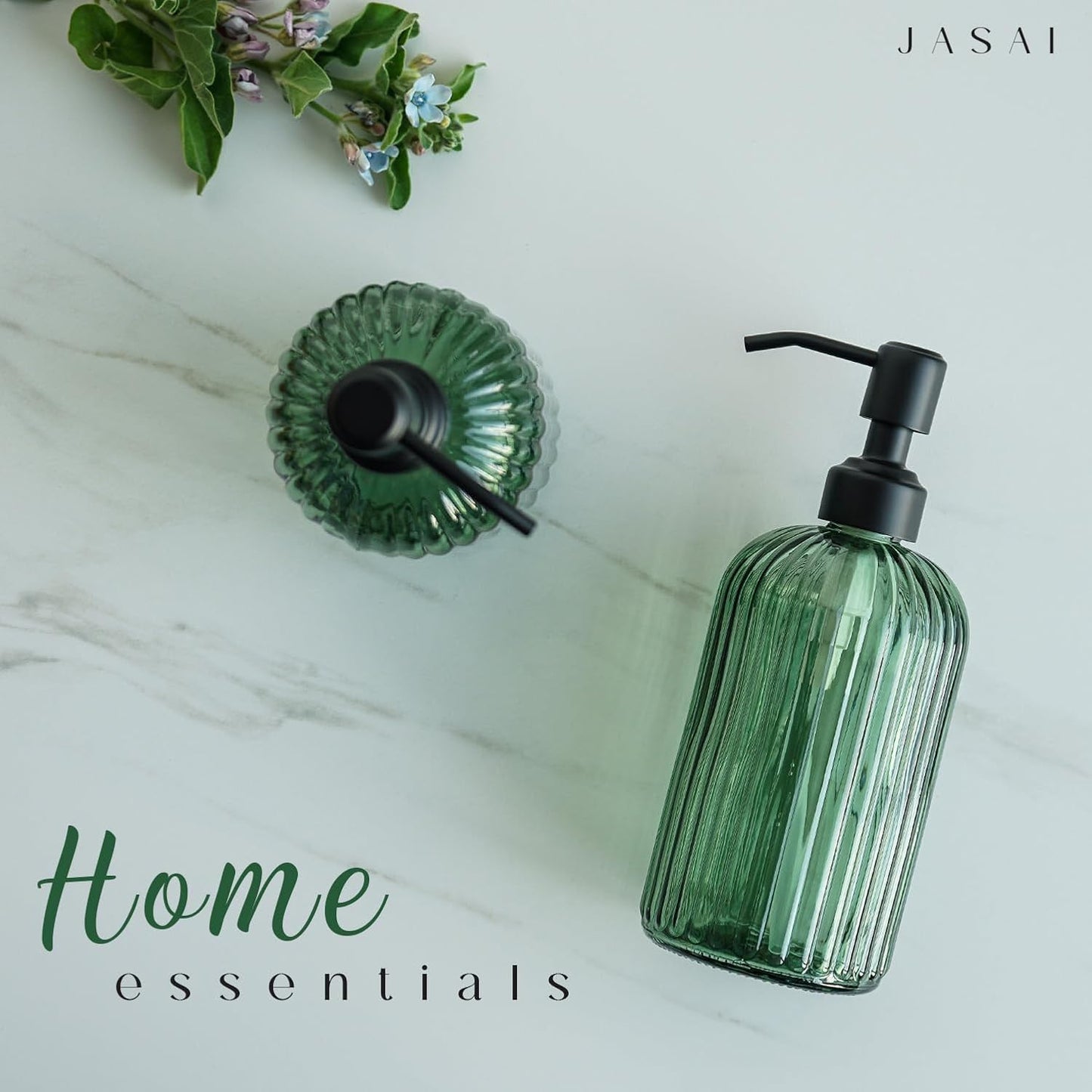 JASAI 18Oz Green Glass Soap Dispenser with Black Rust Proof Pump, Refillable Bathroom soap Dispenser with Thick Glass, Soap Dispenser Bathroom for Kitchen Dish soap, Hand Soap, Lotion, Body Wash.