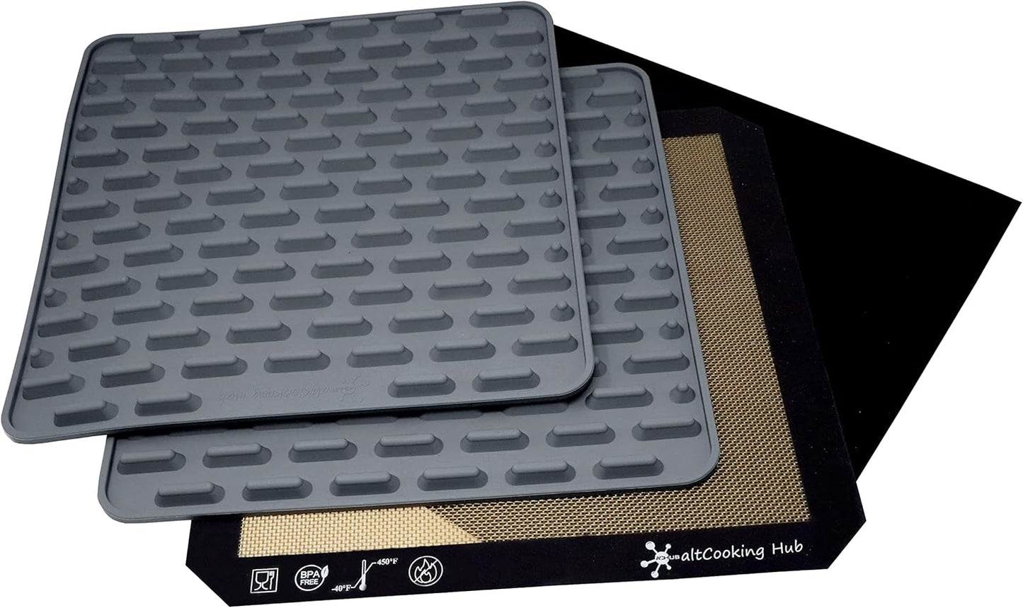 Silicone Roasting Mat and Silicone Baking Mat Combo for Air Fryer Oven - Set of 3 Food Safe, Non-Stick Baking Mat and Silicone Roasting Racks with Bonus Non-Stick Oven Liner