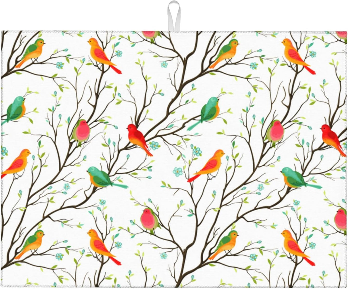 Cute Birds Kitchen Drying Mat Birds on Tree Microfiber Dish Drainer Mat for Kitchen Counter Absorbent Reusable Washable 18x24 Inch