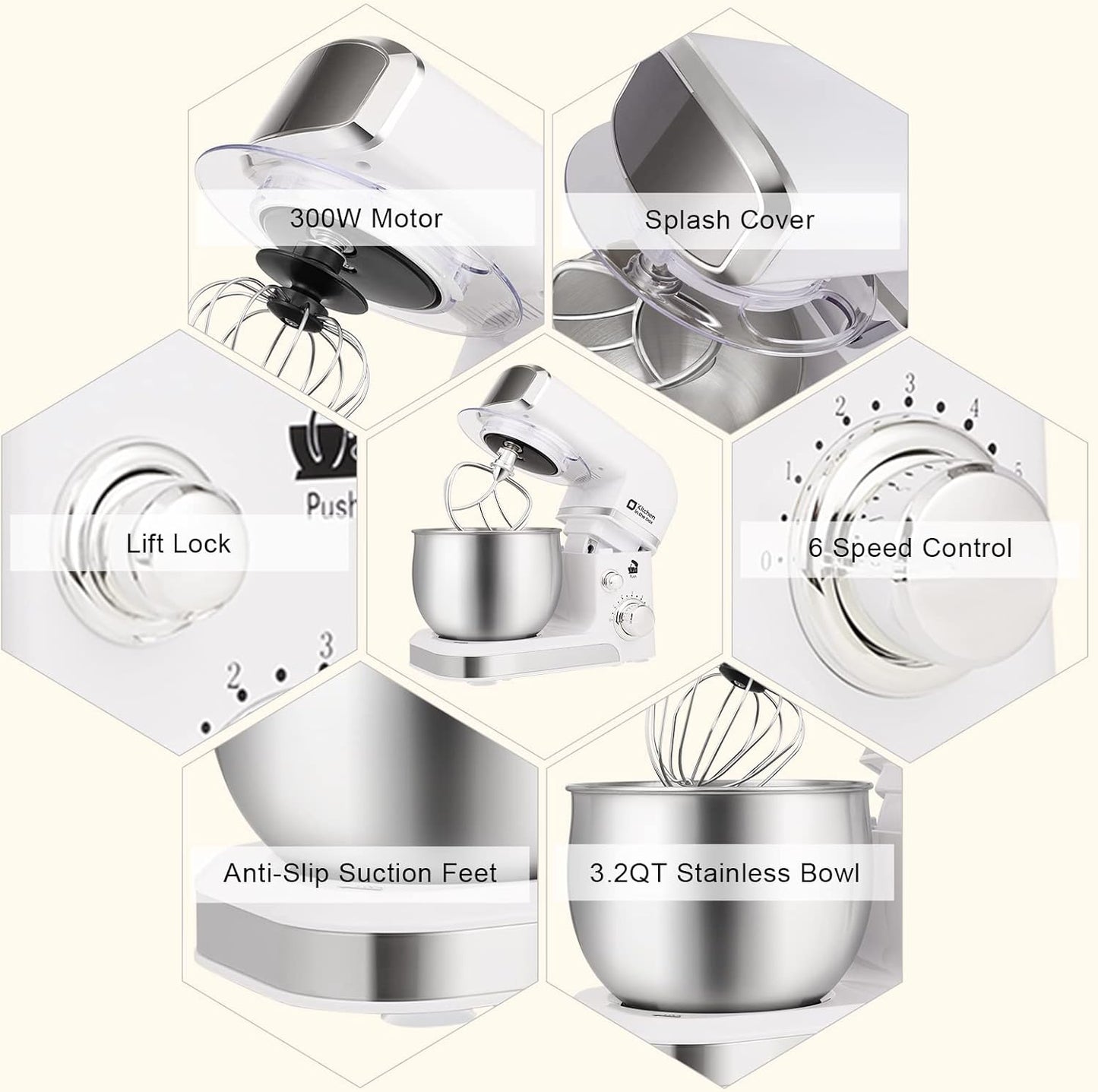 Kitchen in the box Stand Mixer,3.2Qt Mini Electric Food Mixer,6 Speeds Portable Lightweight Kitchen Mixer for Daily Use with Egg Whisk,Dough Hook,Flat Beater (White)