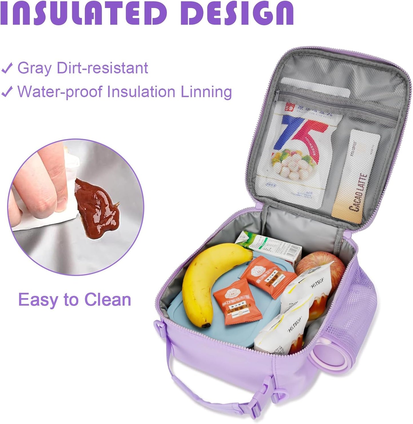 Initial Insulated Lunch Bag for Girls Kids, Back to School Gift, Reusable Leak-proof Lunch Box with Adjustable Strap for School Daycare Travel Picnic (Purple,C)