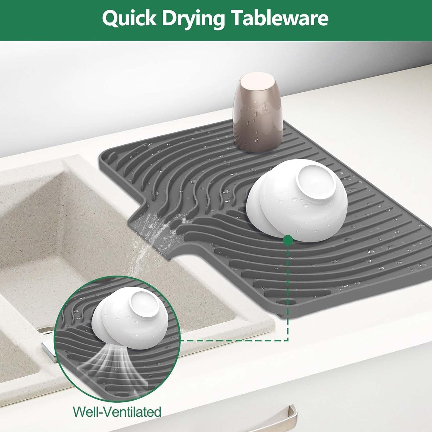 GUUKIN Silicone Dish Drying Mat, 17.7" x 11.8 " Drying Matt Kitchen Counter, Dish Drying Rack Mat, Easy Clean Pad for Countertop Protection, Multi-Functional Use (Grey)