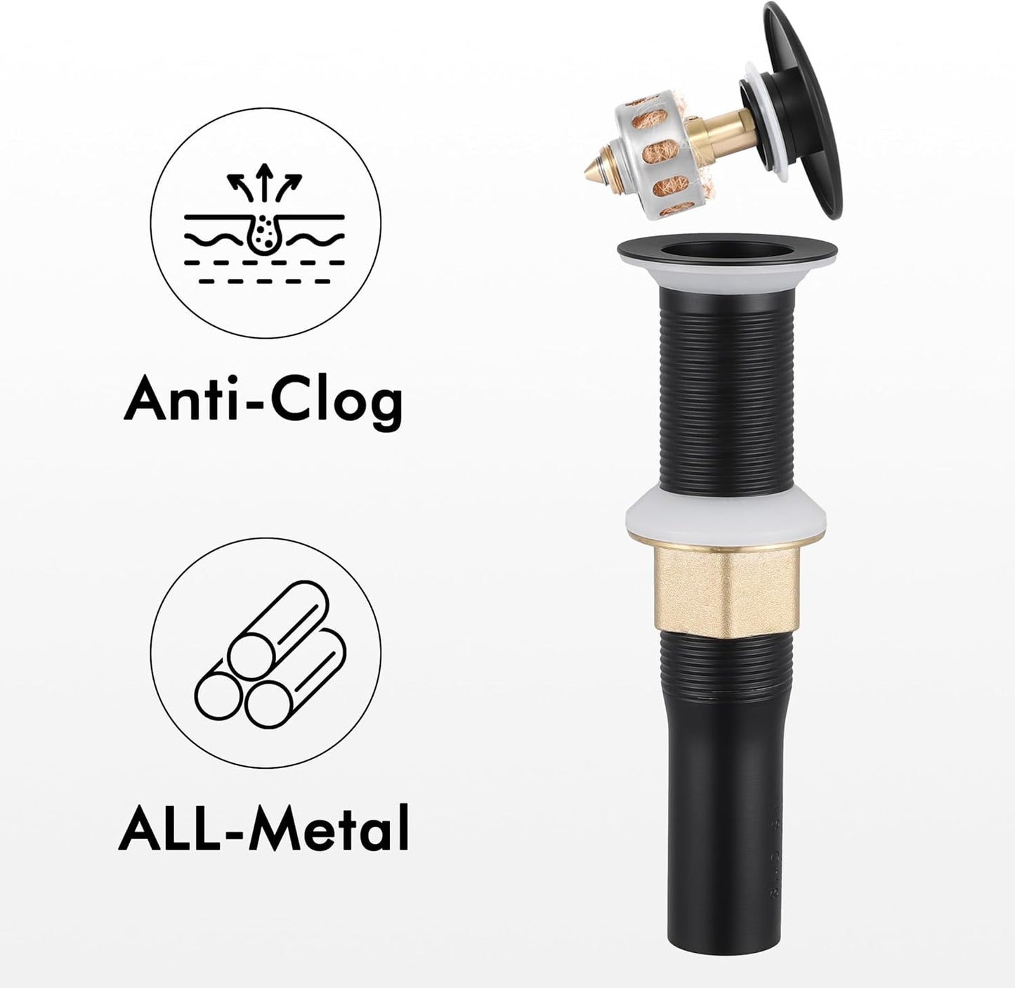 KES Vessel Sink Faucet and Drain Combo, Black Bathroom Faucets, Tall Faucets, All-Metal Pop Up Sink Drain NO Overflow, Matte Black, L3156BLFF12-BK-C2