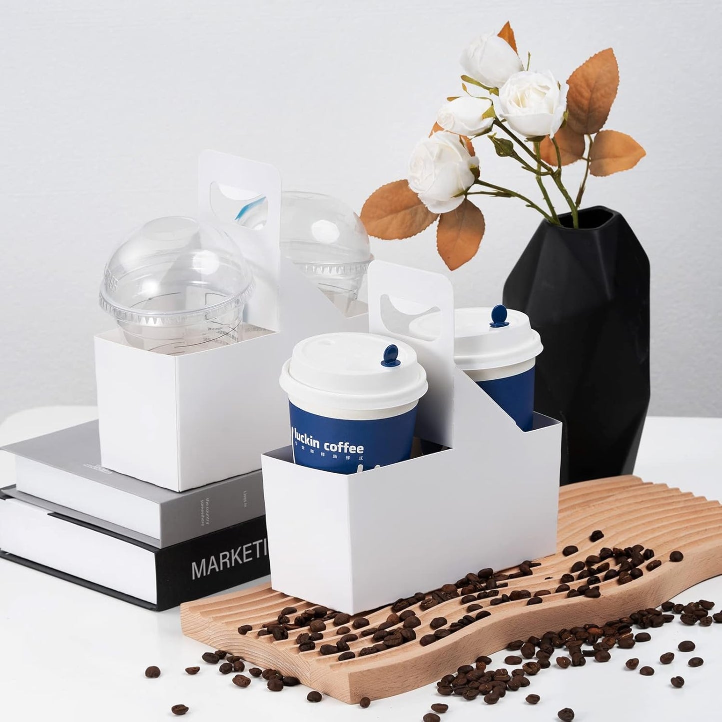 Kraft Cofee Drink Carrier with Handle - 30 Pack 2 Cup Kraft Paperboard Cup Holder Bulk Disposable Cardboard Drink Carrier for 12-32 OZ Drinks, Takeout, Candy, Cafe and Restaurant Food Service Delivery