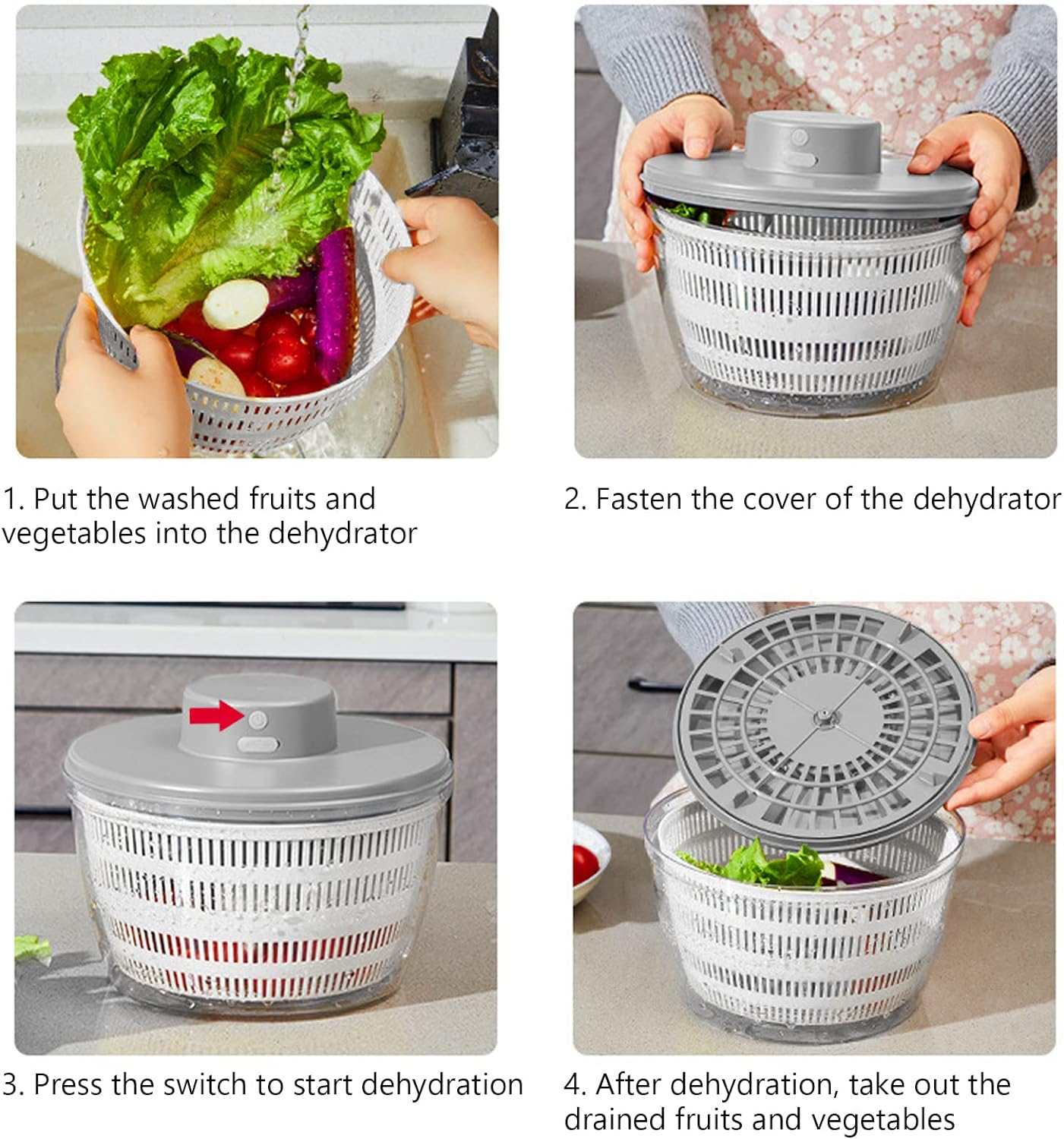 Electric Salad Spinner, 4L Lettuce Spinner Large Capacity USB Chargeble Fruit Vegetable Washer Dryer for Home Kitchen (Gray)