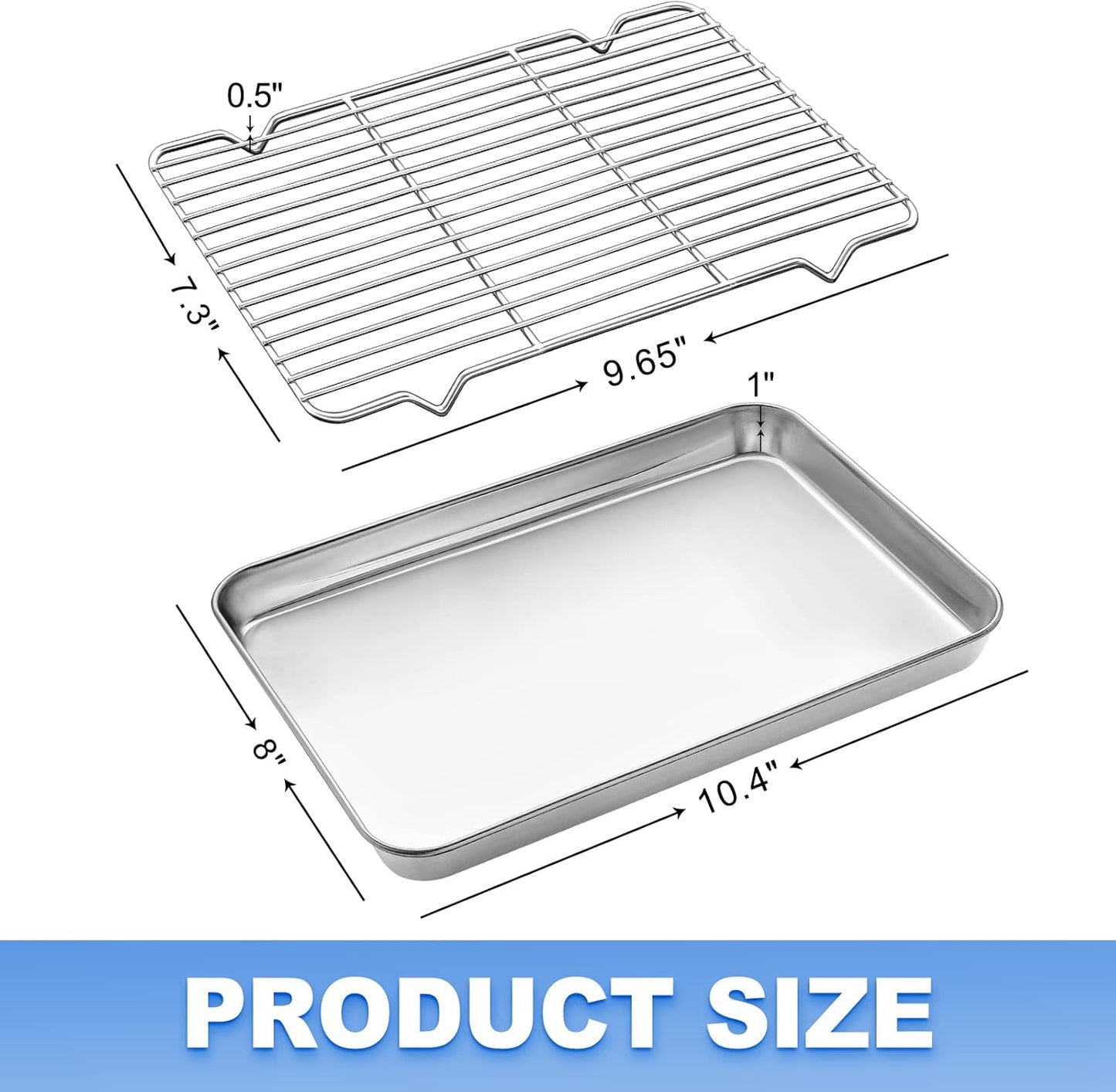 Baking Sheet with Cooling Rack (1 Cookie Sheet + 1 Baking Rack), Stainless Steel Small Baking Sheet Pan with Wire Rack, Toaster Oven Pans Size 10.4 x 8 x 1 Inch, Non-toxic & Heavy Duty & Non-stick