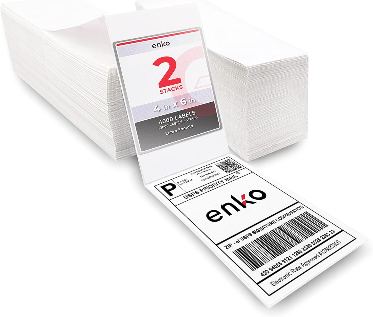 enKo 2 Stacks/4000 Labels 4" x 6" Fanfold Direct Thermal Labels Compatible for Rollo Zebra Printer - Shipping Mailing Postage Labels, Perforated, Permanent Adhesive (2 Labels/Fold | 2000 Labels/Stack)